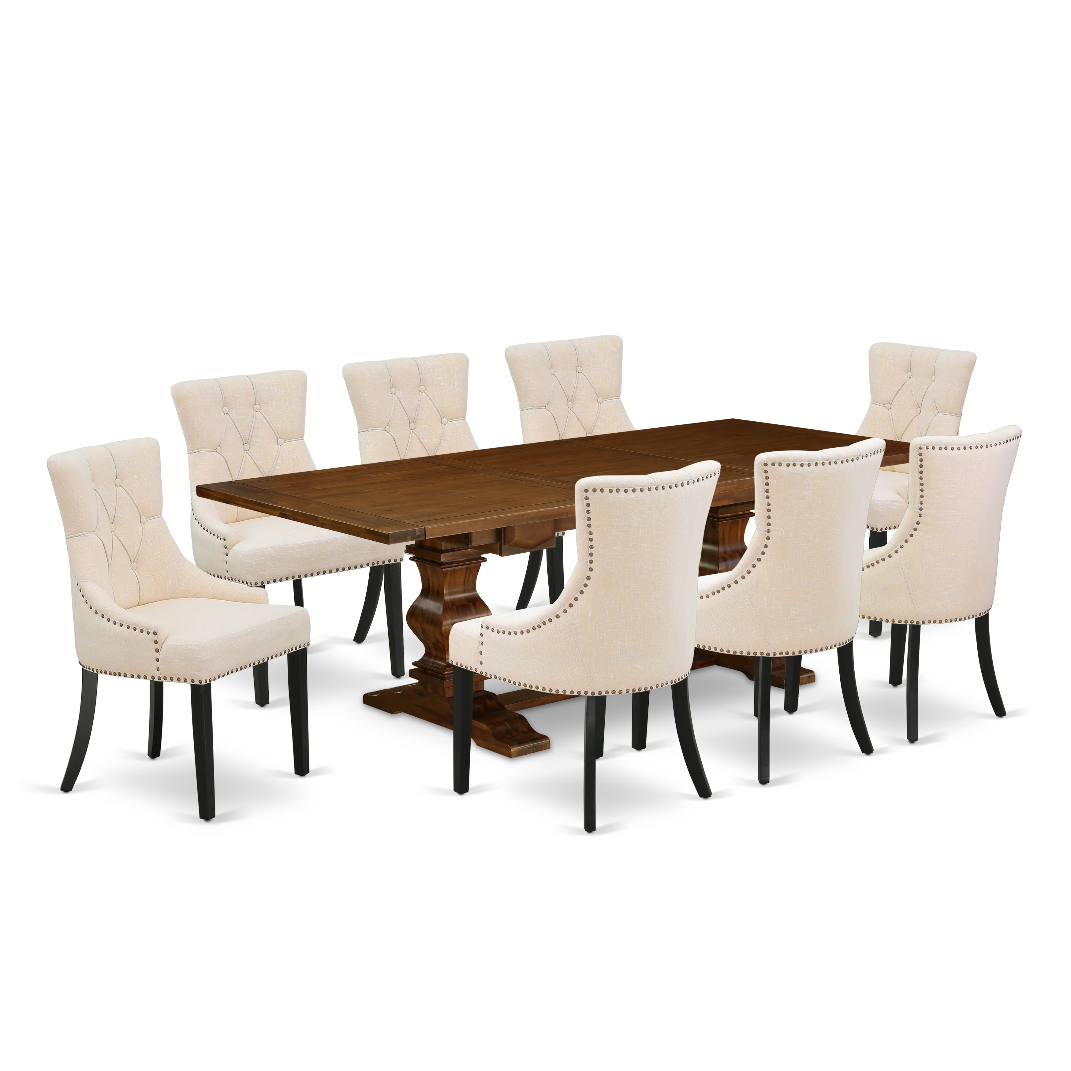 East West Furniture LAFR9-81-02 9-pc dining room table set with Chair�s Legs and Light Beige Linen Fabric kitchen table chairs set of 8 and wonderful table - Antique Walnut and Black Finish