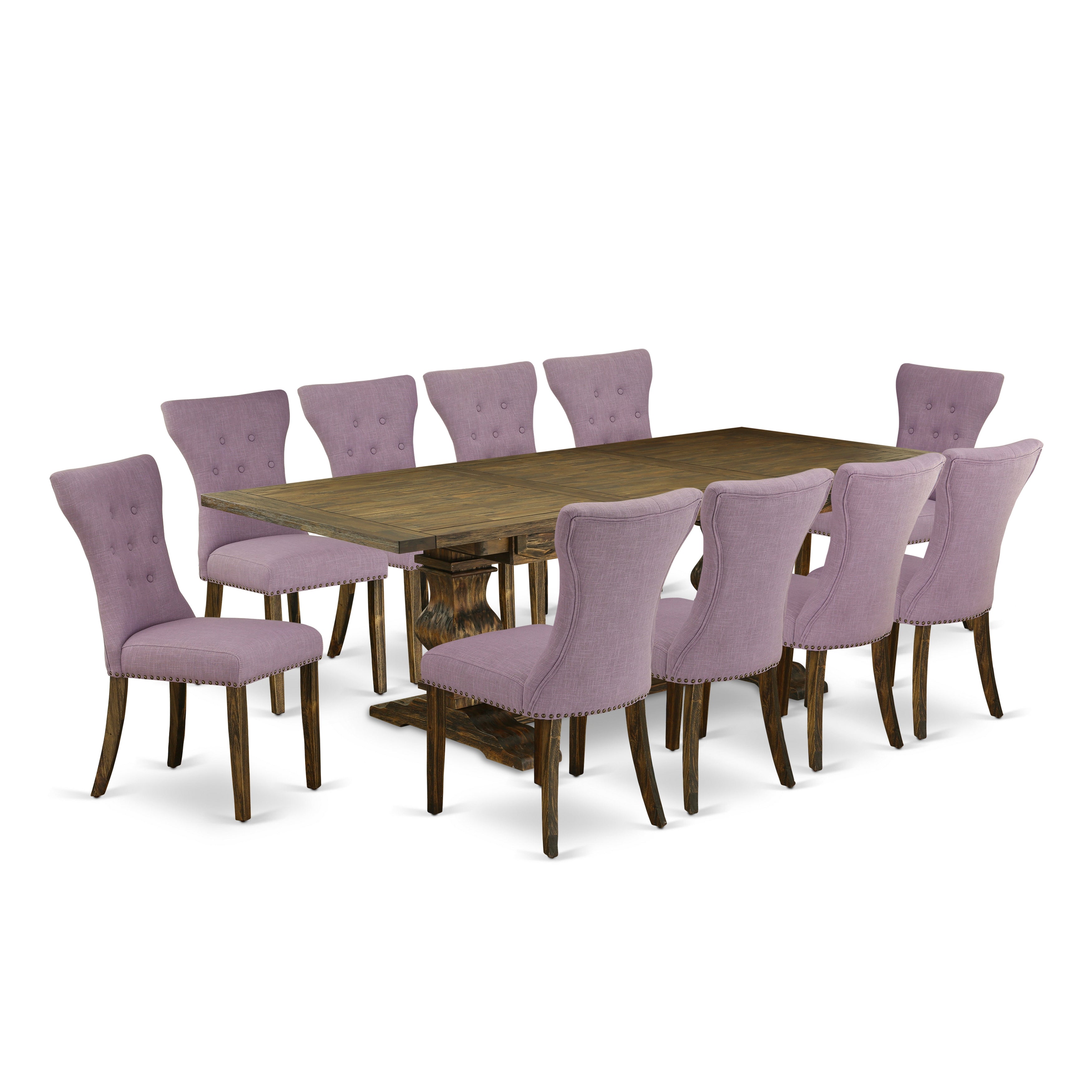 East West Furniture LAGA11-77-40 11-Piece Kitchen Table Set Contains a Wooden Table and 10 Dahlia Linen Fabric Dining Room Chairs with Button Tufted Back - Distressed Jacobean Finish