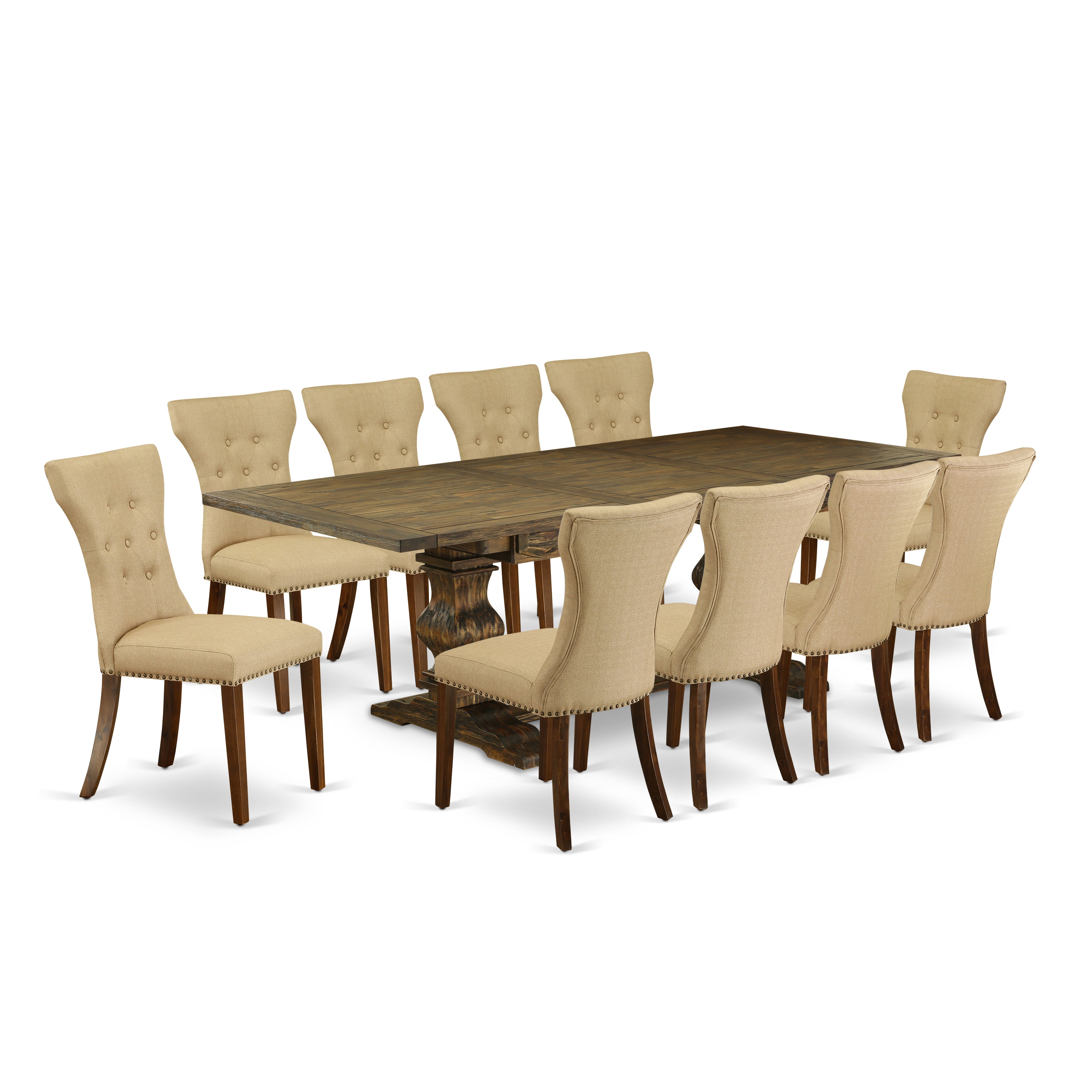 Juego de mesa de comedor East West Furniture LAGA11-78-03 de 11 piezas. Incluye una mesa de comedor rectangular con hojas de mariposa y 10 sillas tapizadas en tela de lino marrón.