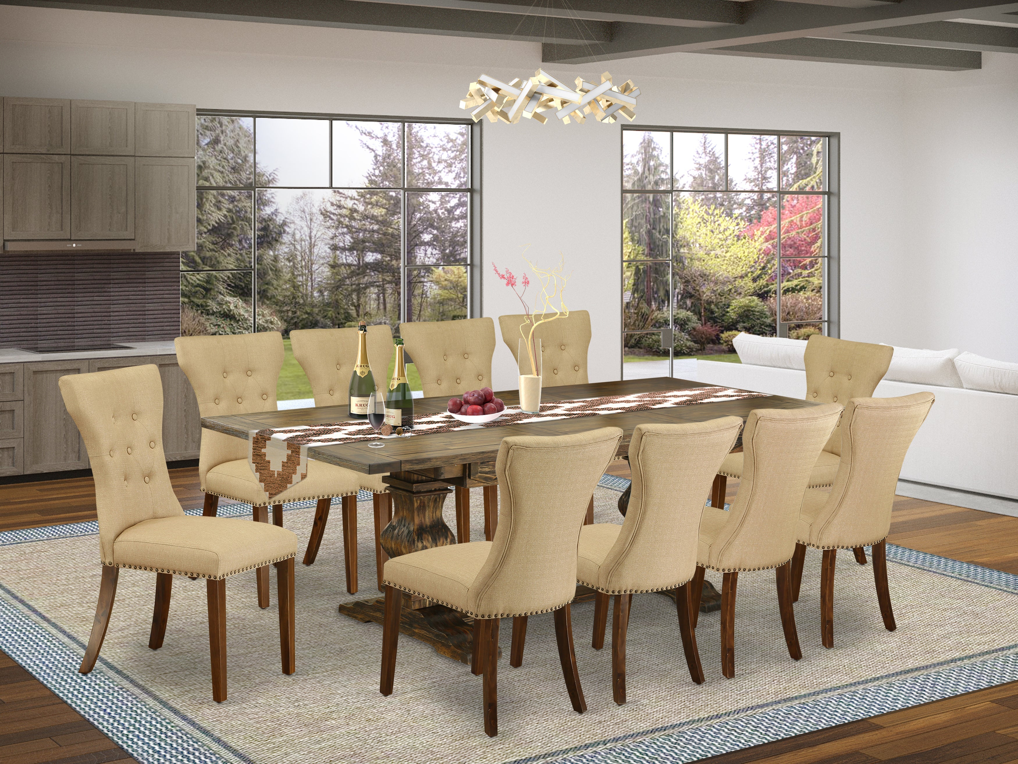 Juego de mesa de comedor East West Furniture LAGA11-78-03 de 11 piezas. Incluye una mesa de comedor rectangular con hojas de mariposa y 10 sillas tapizadas en tela de lino marrón.