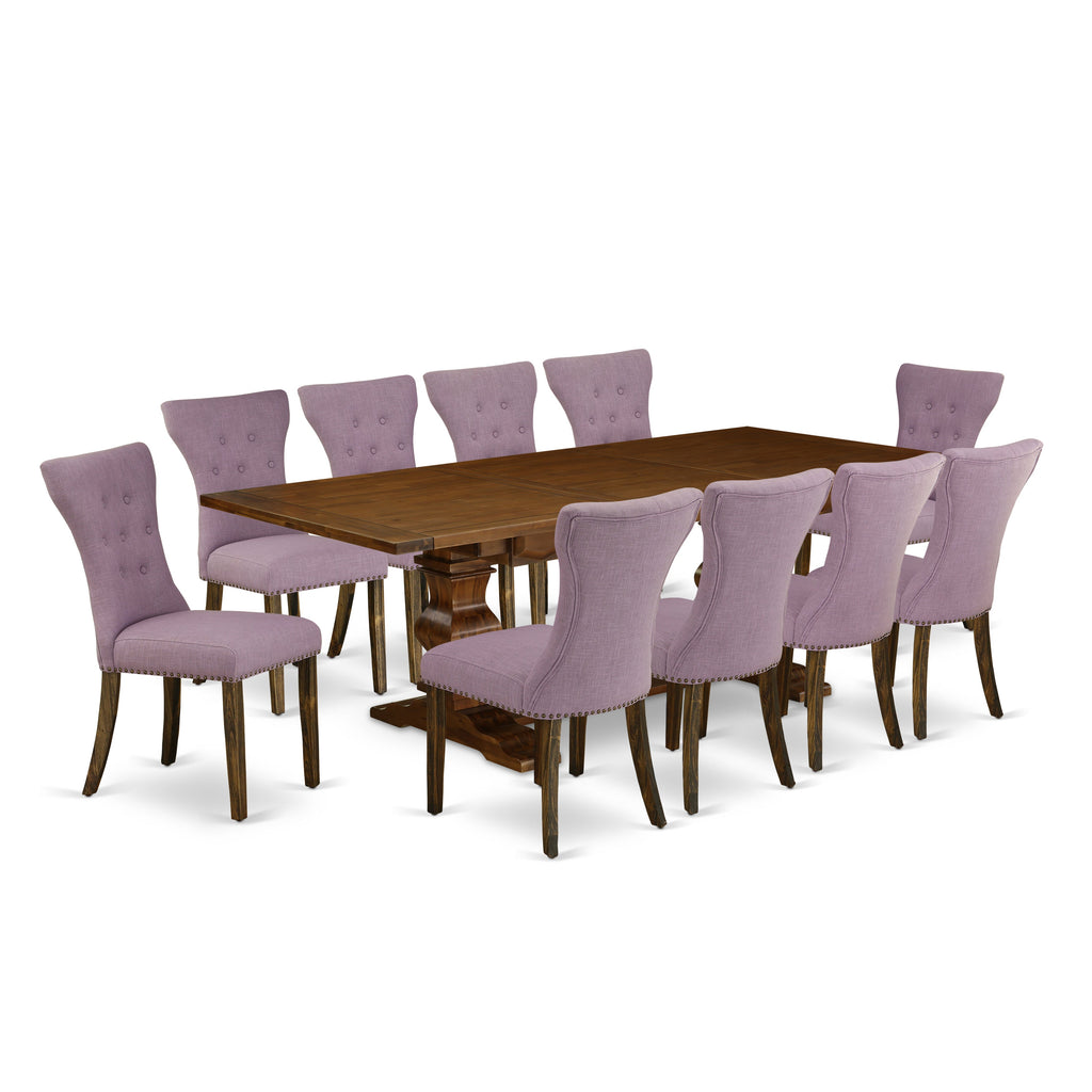 East West Furniture LAGA11-87-40 11 Piece Dining Table Set Includes a Rectangle Wooden Table with Butterfly Leaf and 10 Dahlia Linen Fabric Parson Dining Chairs