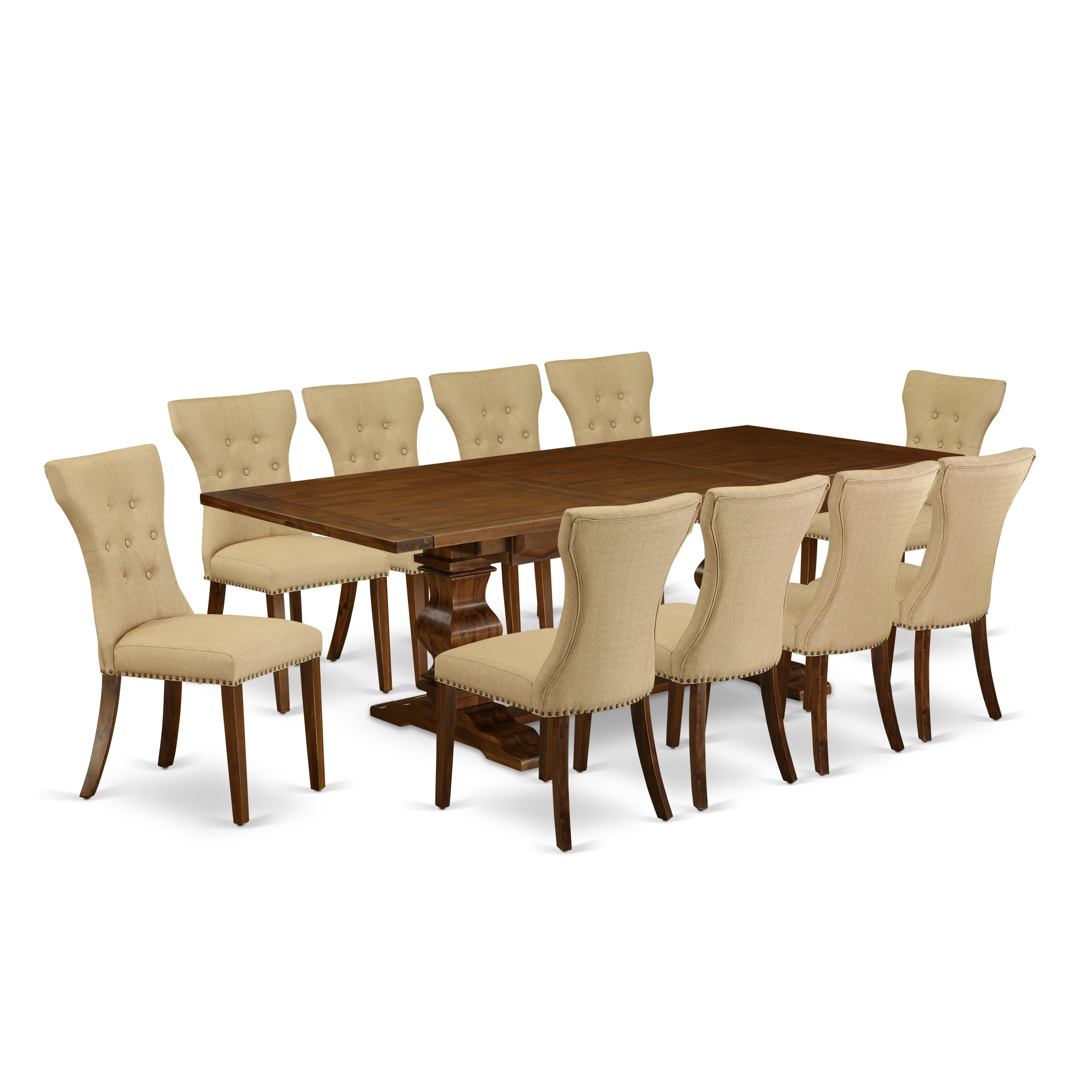 East West Furniture LAGA11-88-03 11-Pieces Dining Set - A Removable leaf Double Pedestal Dining Table and 10 Brown Linen Fabric Dining Chairs with button Tufted Back - Antique Walnut Finish