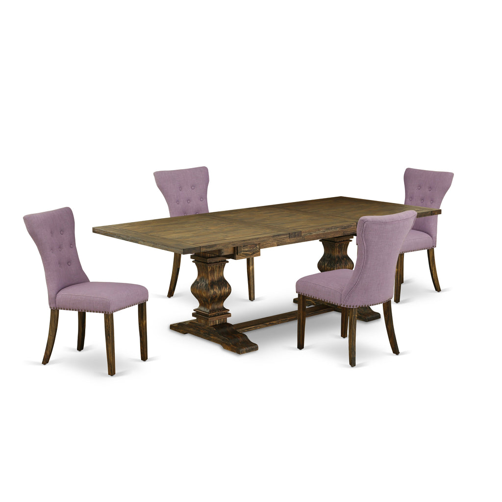East West Furniture LAGA5-77-40 5 Piece Dining Room Furniture Set Includes a Rectangle Wooden Table with Butterfly Leaf and 4 Dahlia Linen Fabric Upholstered Chairs