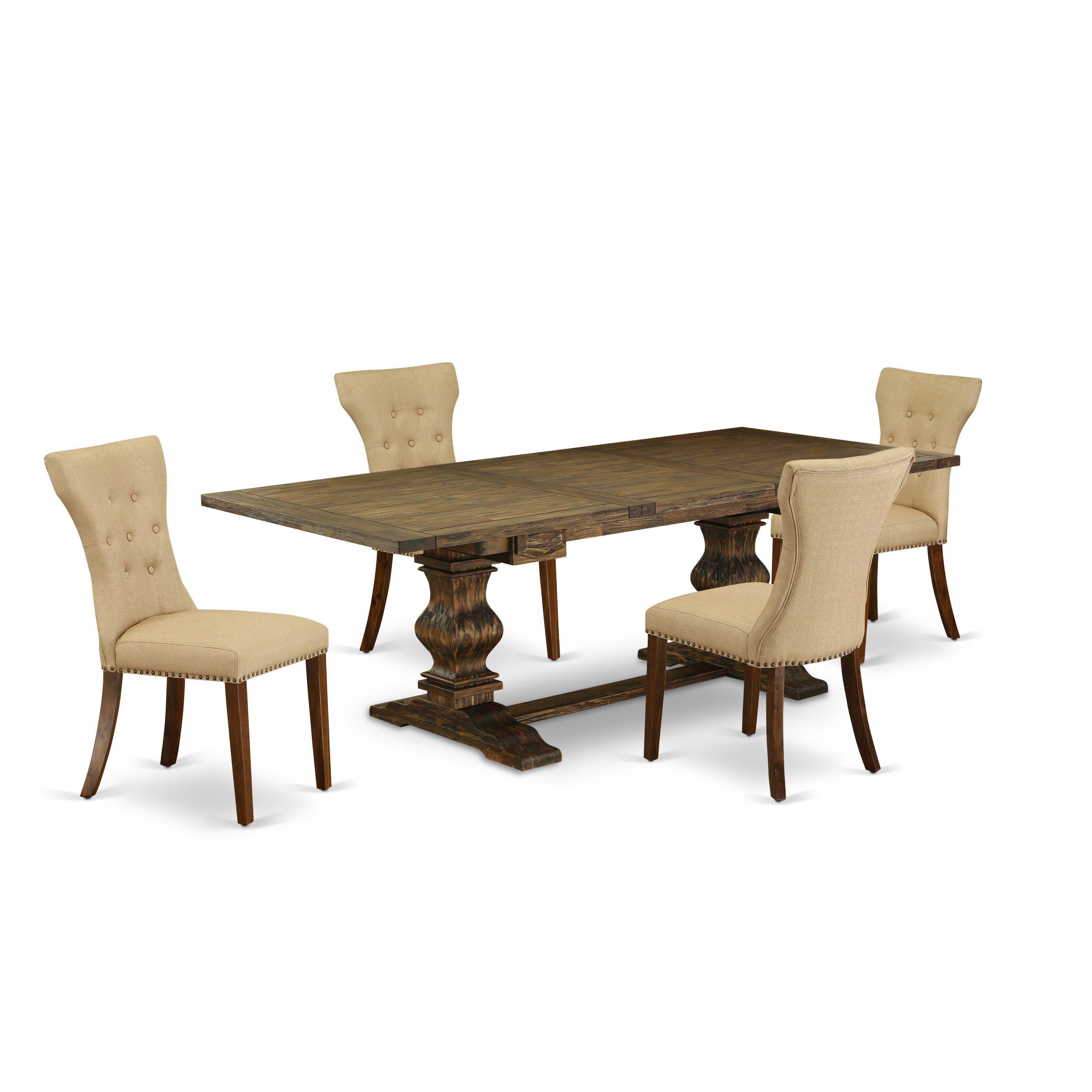 East West Furniture LAGA5-78-03 5-piece dining room table set with Chair�s Legs and Brown Linen Fabric living room chairs Set of 4 and attractive dining table- Antique Walnut and Distressed Jacobean Finish