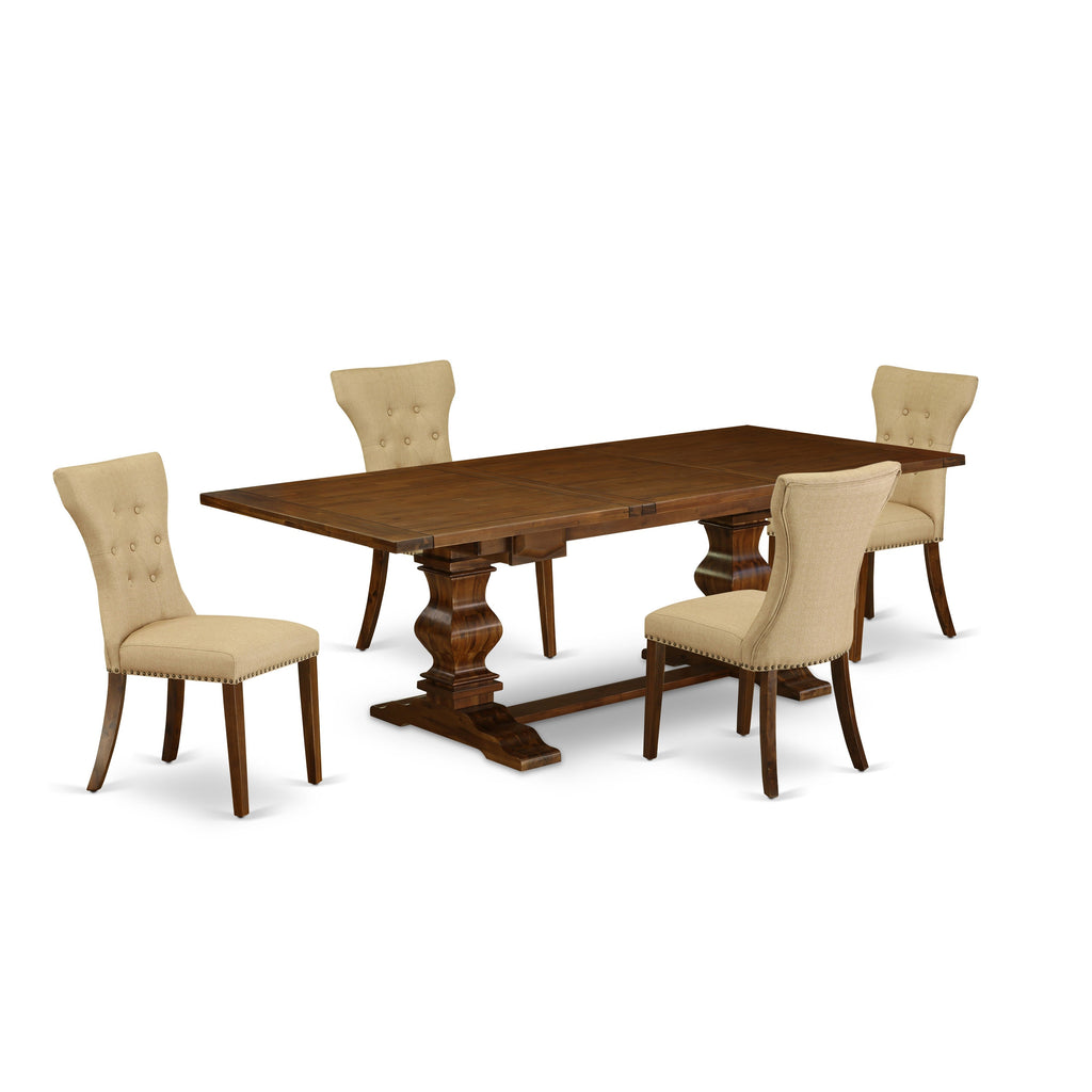 East West Furniture LAGA5-88-03 5 Piece Dining Room Table Set Includes a Rectangle Wooden Table with Butterfly Leaf and 4 Brown Linen Fabric Upholstered Chairs