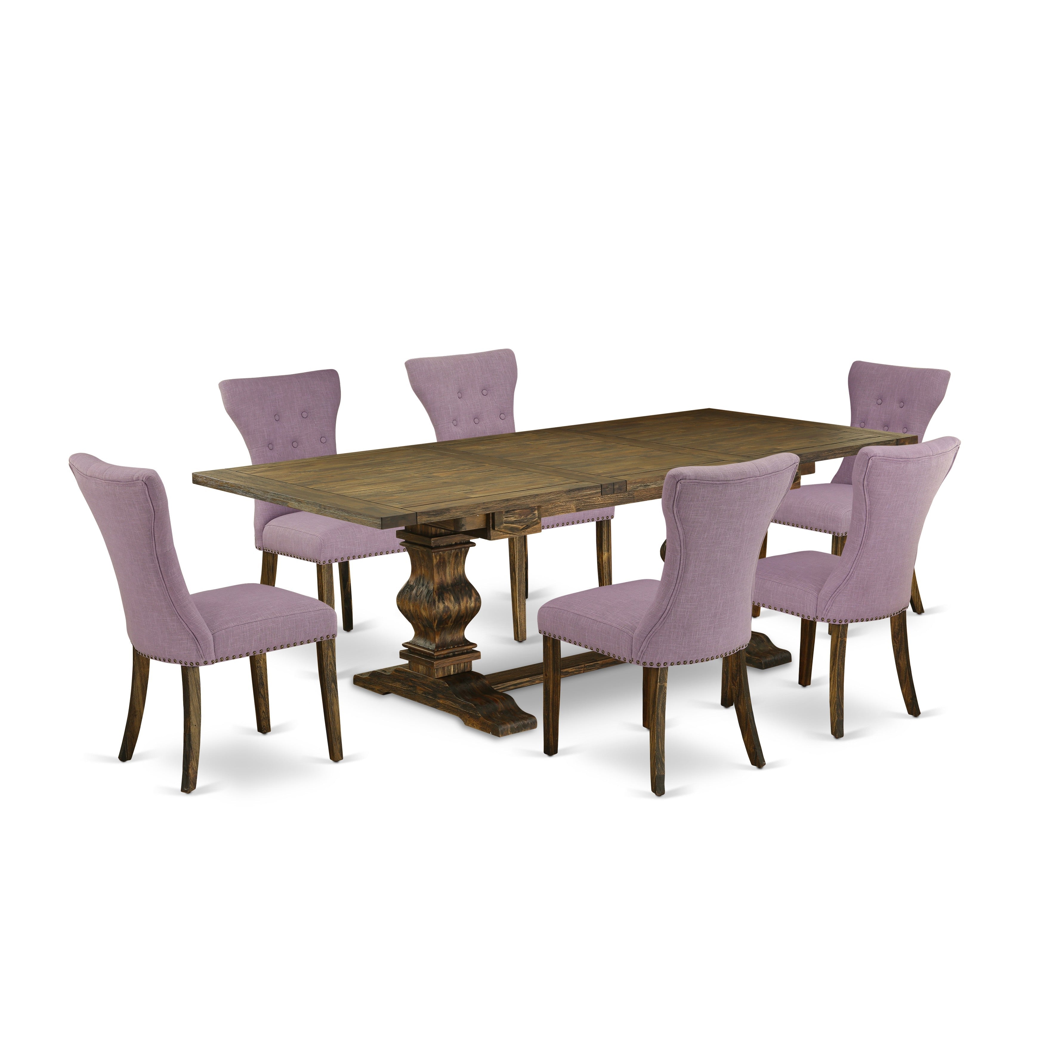 East West Furniture LAGA7-77-40 7-pieces kitchen table and chairs with Chair�s Legs and Dahlia Linen Fabric dining chairs set of 6 and rectangle dining table - Distressed Jacobean Finish