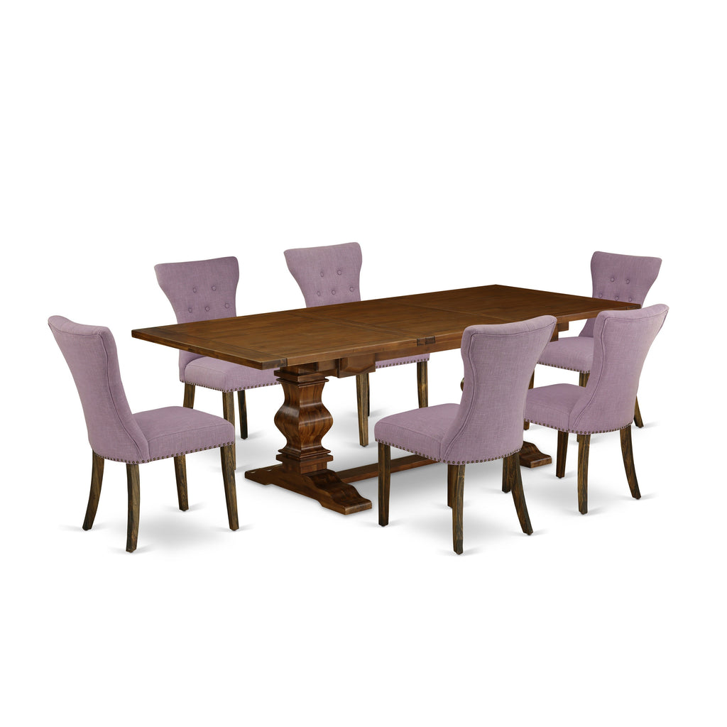 Juego de mesa de comedor East West Furniture LAGA7-87-40 de 7 piezas compuesto por una mesa rectangular de madera con diseño de hojas de mariposa y 6 sillas de comedor Parson de tela de lino Dahlia.