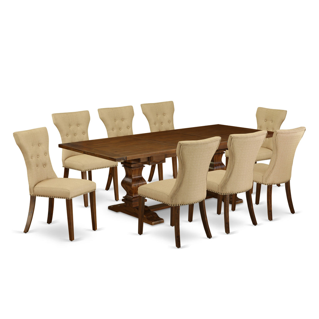 El juego de mesa de comedor East West Furniture LAGA9-88-03 de 9 piezas incluye una mesa de cocina rectangular con diseño de hojas de mariposa y 8 sillas de comedor Parson de tela de lino marrón.