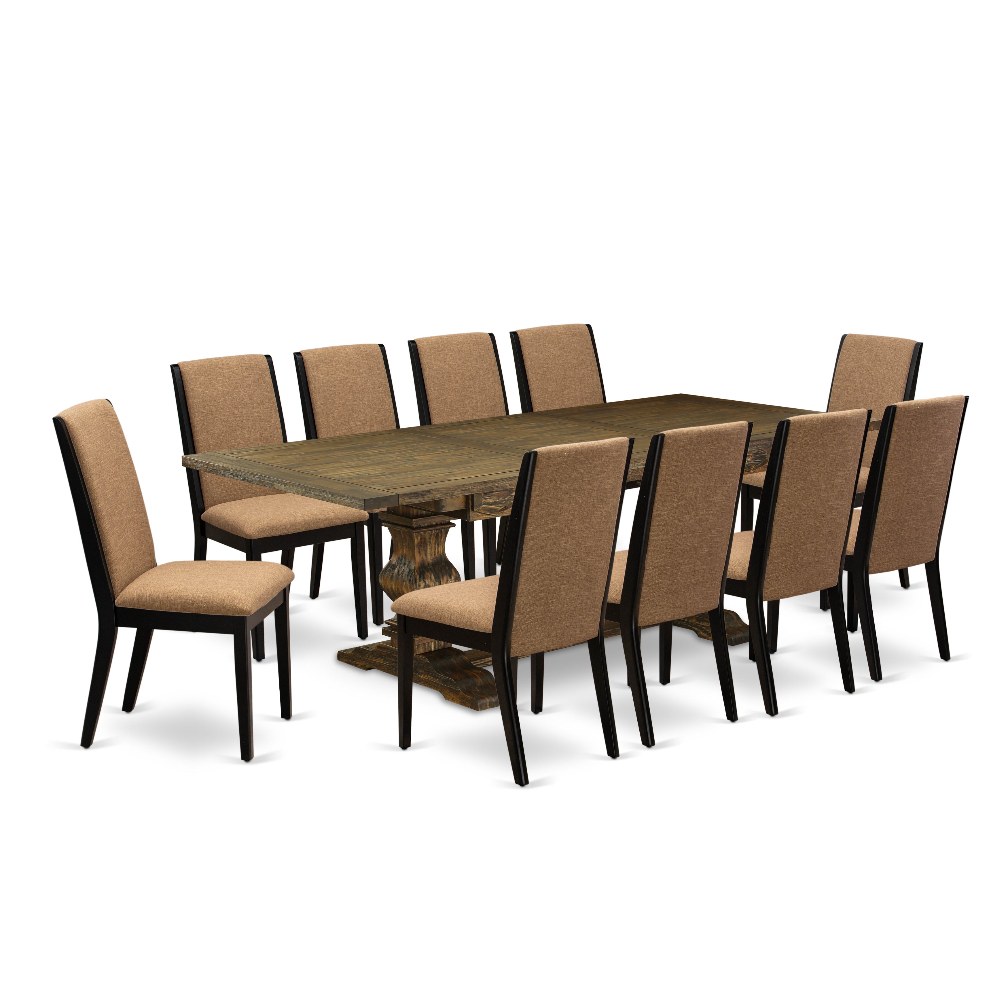 East West Furniture LALA11-71-47 11-Piece Dinner Table Set Consists of a Wooden Dining Table and 10 Light Sable Linen Fabric Dining Chairs with High Back - Distressed Jacobean Finish