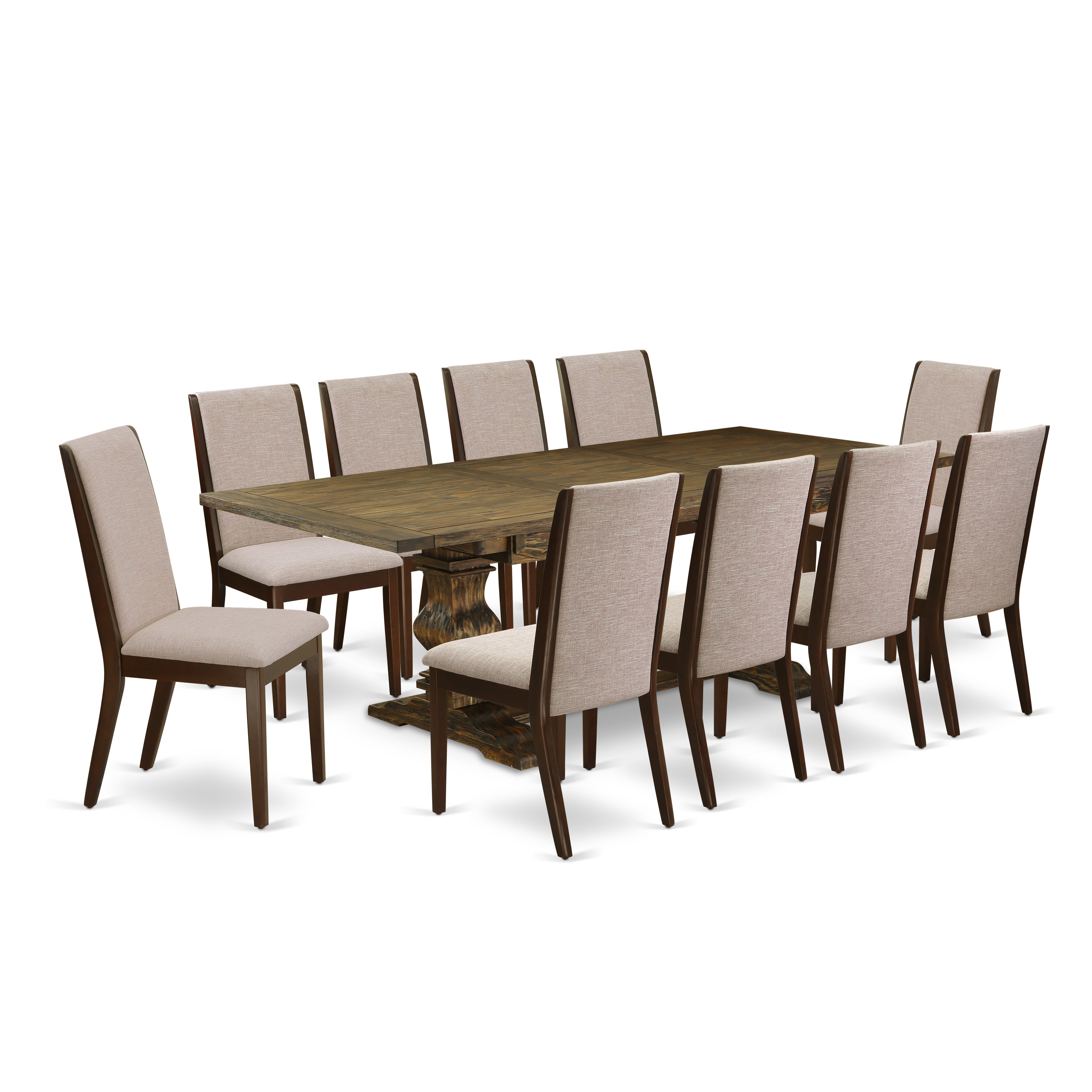 East West Furniture LALA11-73-04 11-Piece Kitchen Dining Table Set Contains a Rectangular Table and 10 Light Tan Linen Fabric Upholstered Chairs with High Back - Distressed Jacobean Finish