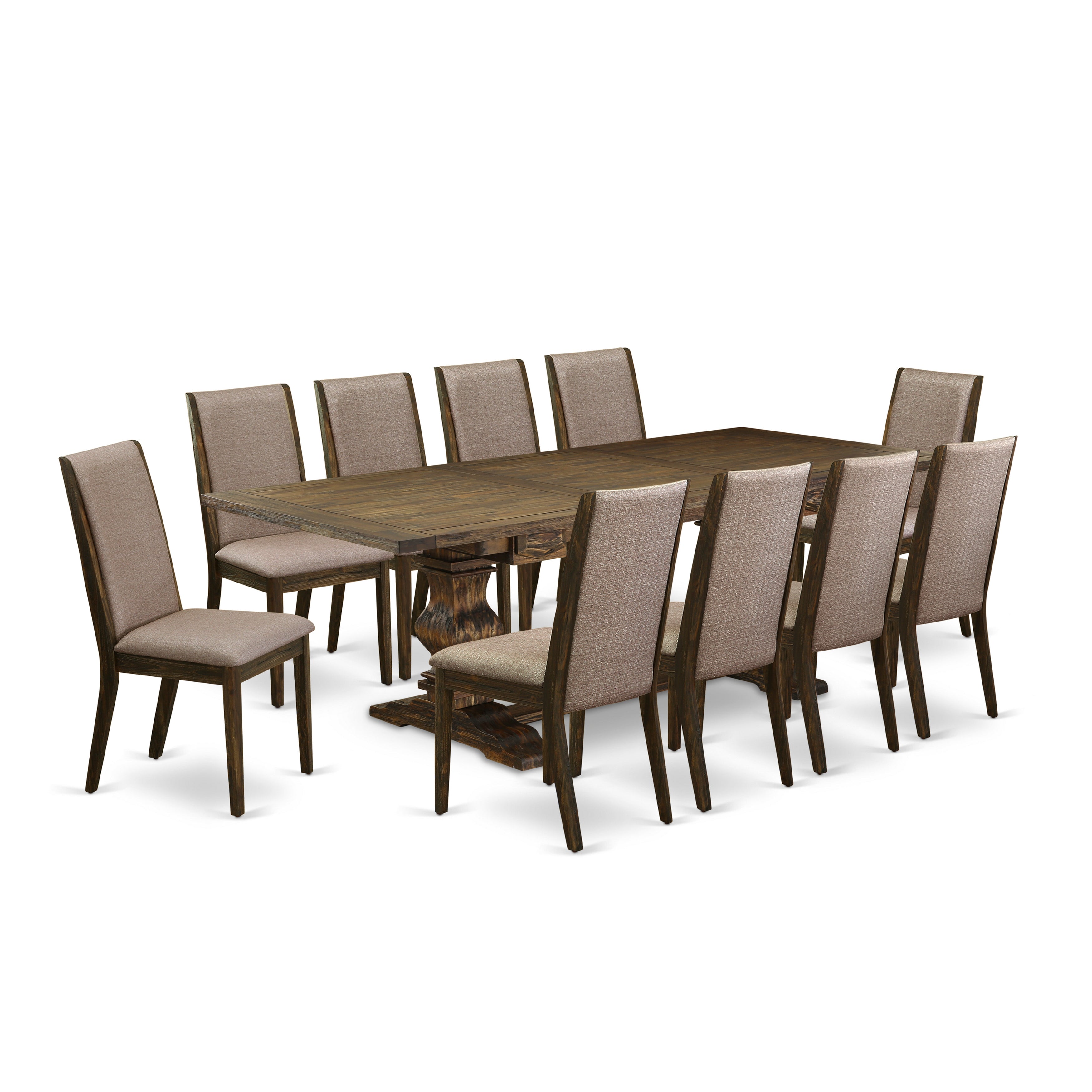 East West Furniture LALA11-77-16 11-Pc Dining Set Includes a Wooden Dining Table and 10 Dark Khaki Linen Fabric Parson Dining Chairs with High Back - Distressed Jacobean Finish