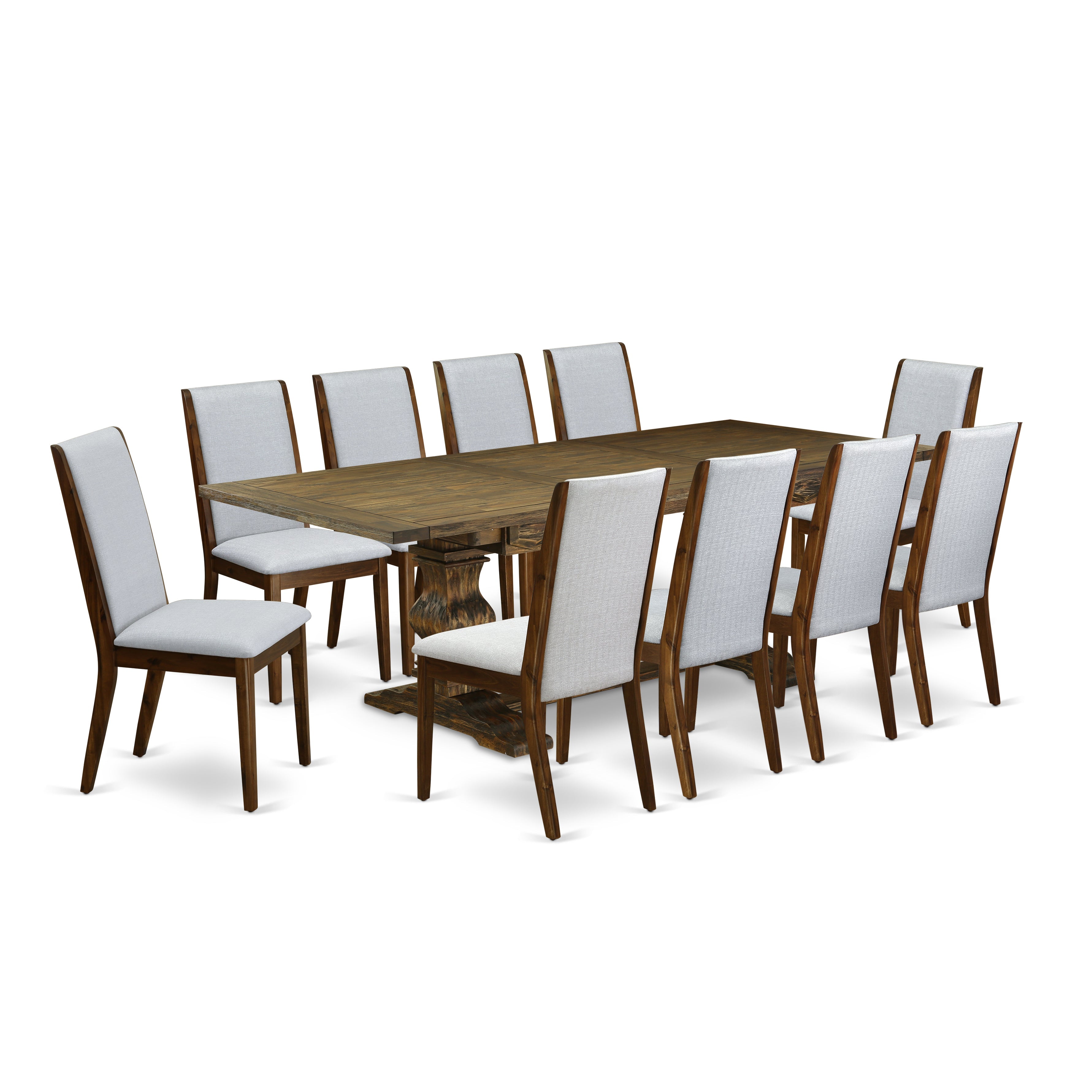 East West Furniture LALA11-78-05 11-PIECE Dining Set Includes a Dinning Room Table and 10 Grey Linen Fabric Mid Century Modern Dining Chairs with High Back - Distressed Jacobean Finish