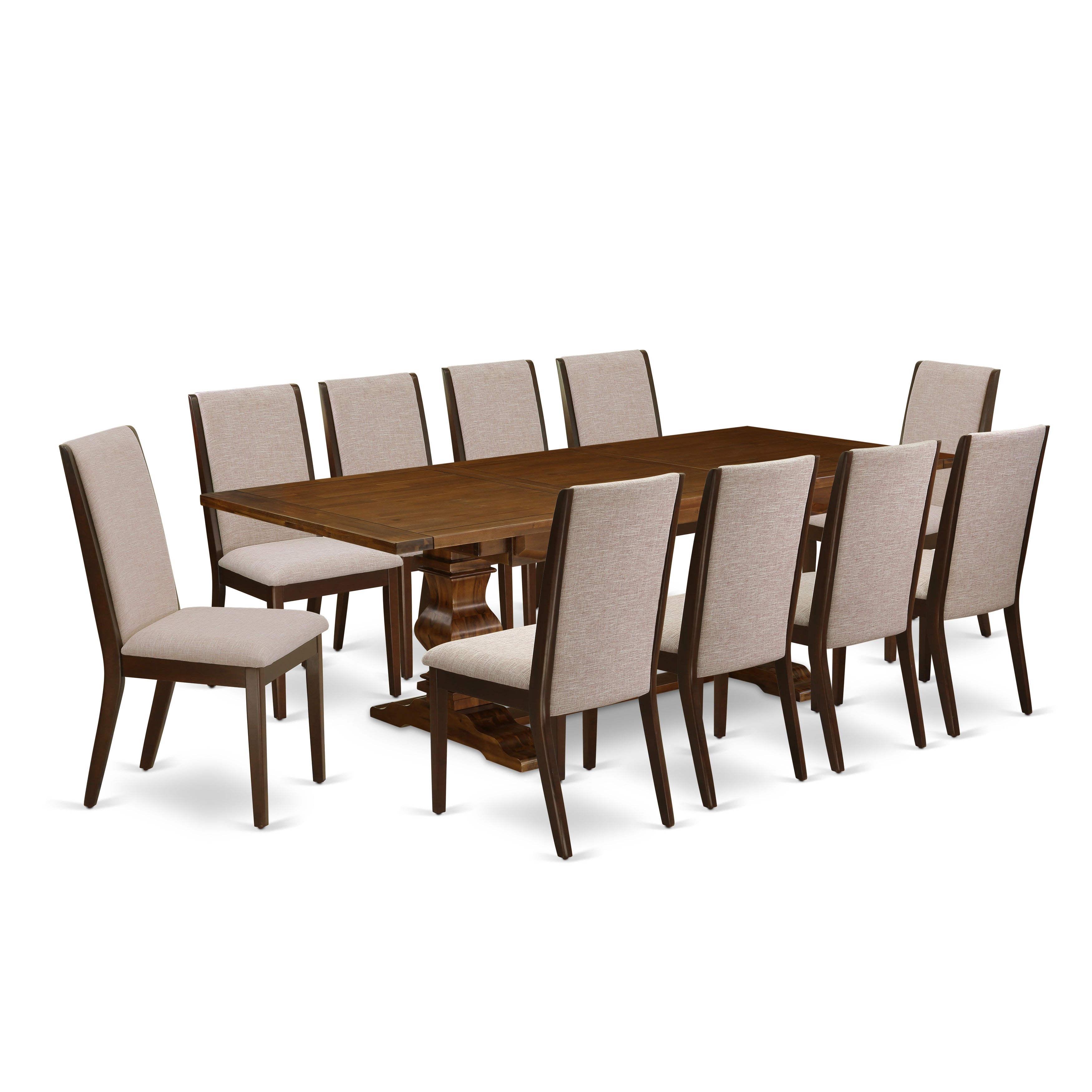 East West Furniture LALA11-83-04 11-Pieces Dining Set - A Removable leaf Double Pedestal Dinner Table and 10 Light Tan Linen Fabric Upholstered Dining Chairs with High Back - Antique Walnut Finish