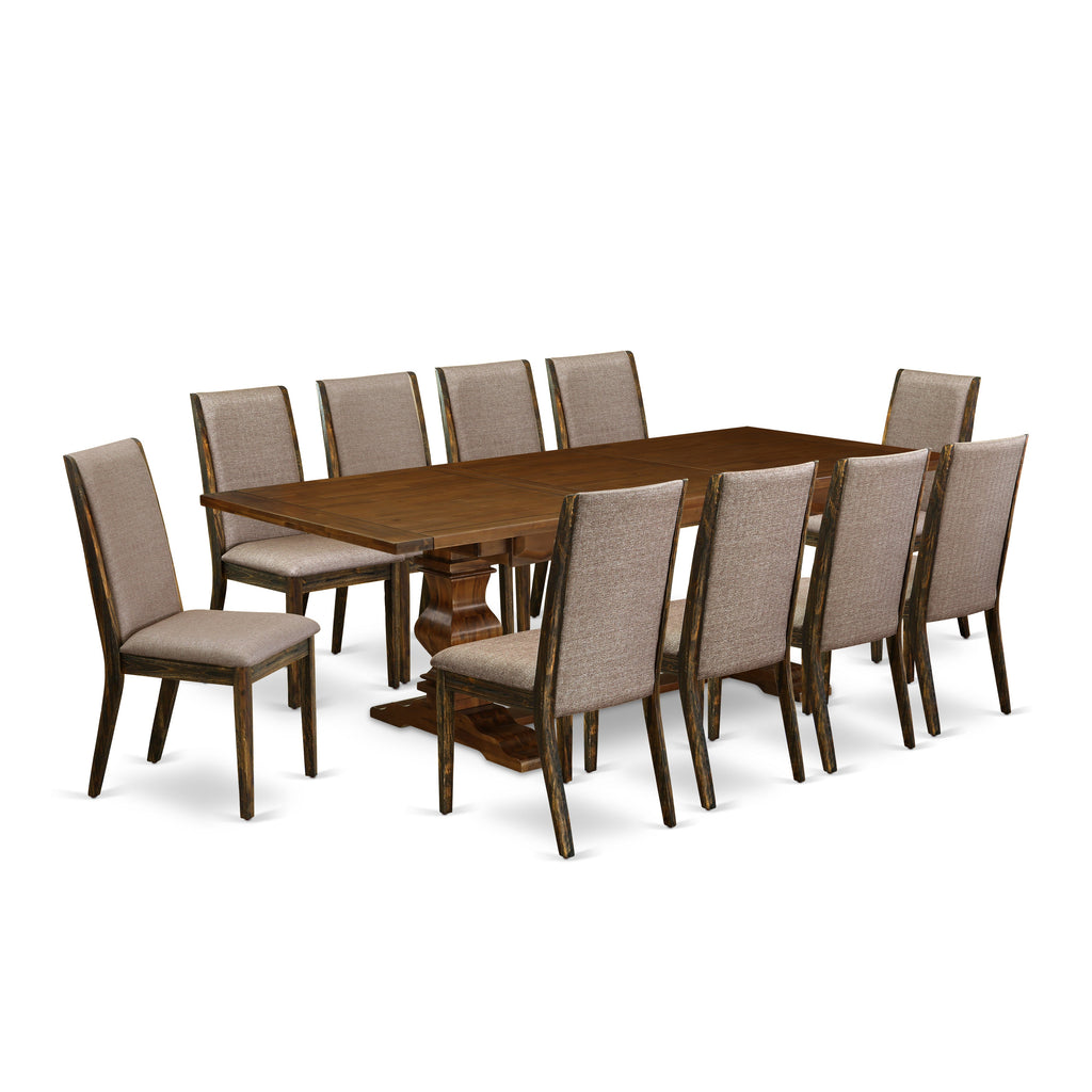 East West Furniture LALA11-87-16 11 Piece Dining Table Set Includes a Rectangle Wooden Table with Butterfly Leaf and 10 Dark Khaki Linen Fabric Upholstered Chairs