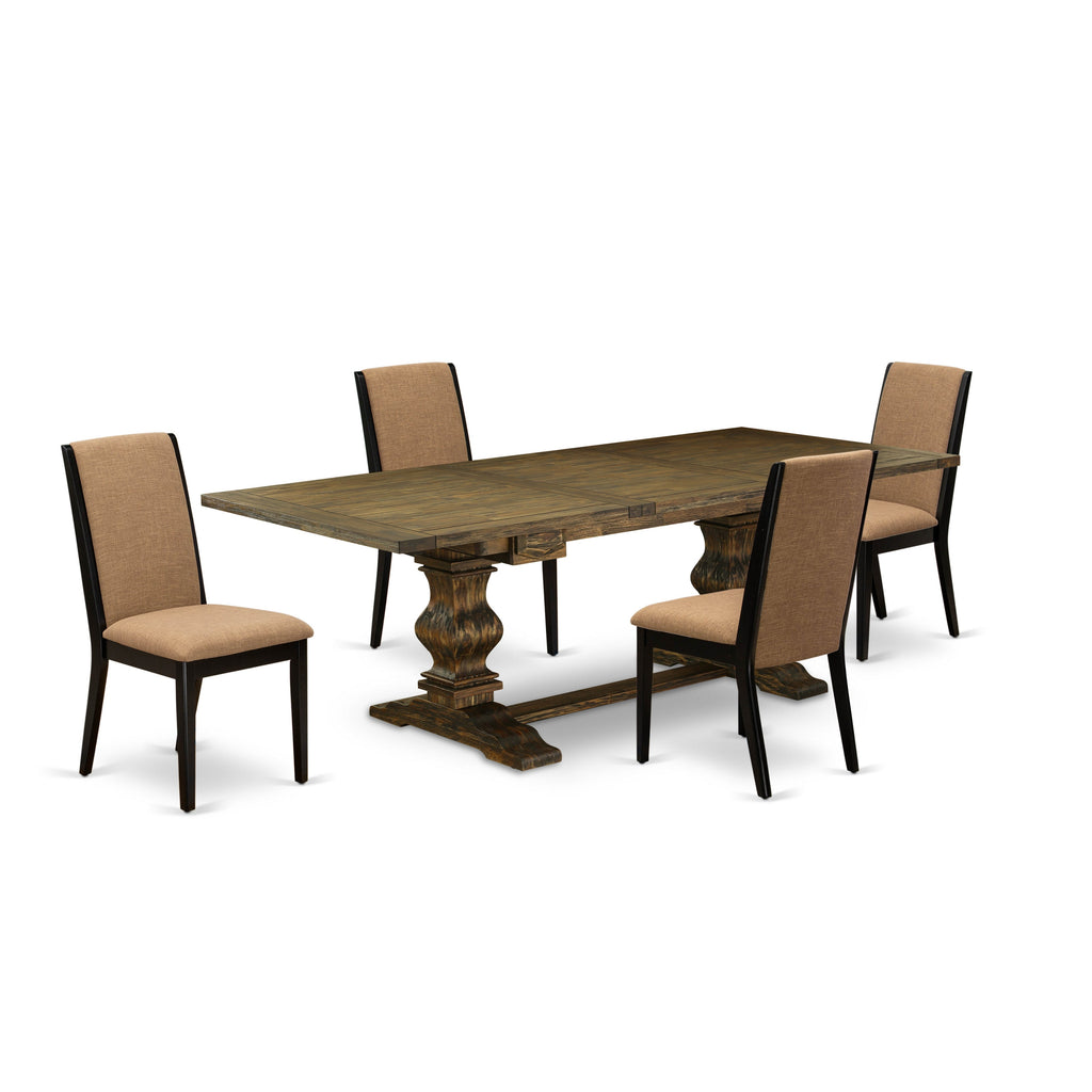 East West Furniture LALA5-71-47 5 Piece Dining Room Set Includes a Rectangle Wooden Table with Butterfly Leaf and 4 Light Sable Linen Fabric Parsons Dining Chairs