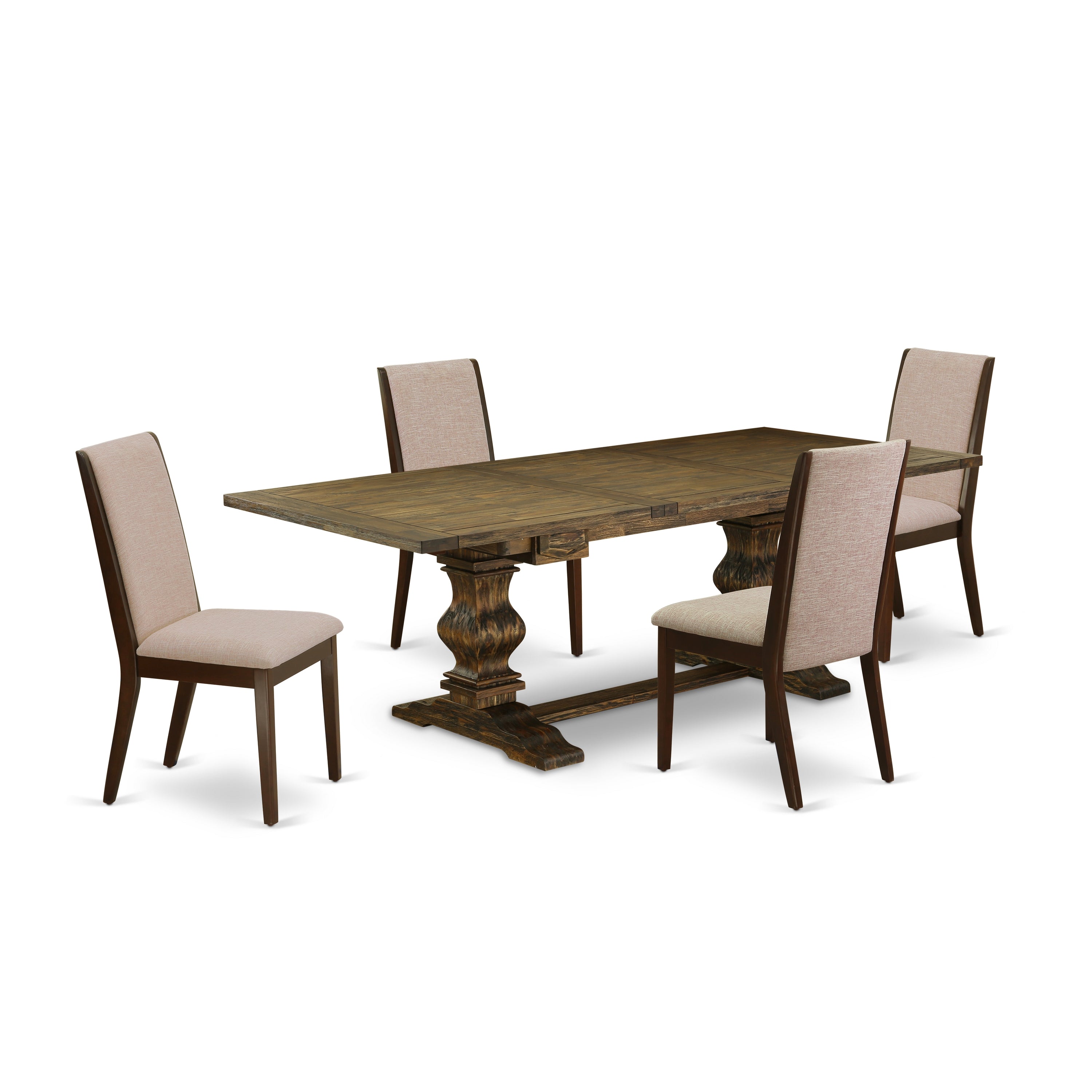 East West Furniture LALA5-73-04 5-piece kitchen table and chairs with Chair�s Legs and Light Tan Linen Fabric dining room chairs Set of Four and stunning table- Mahogany and Distressed Jacobean Finish