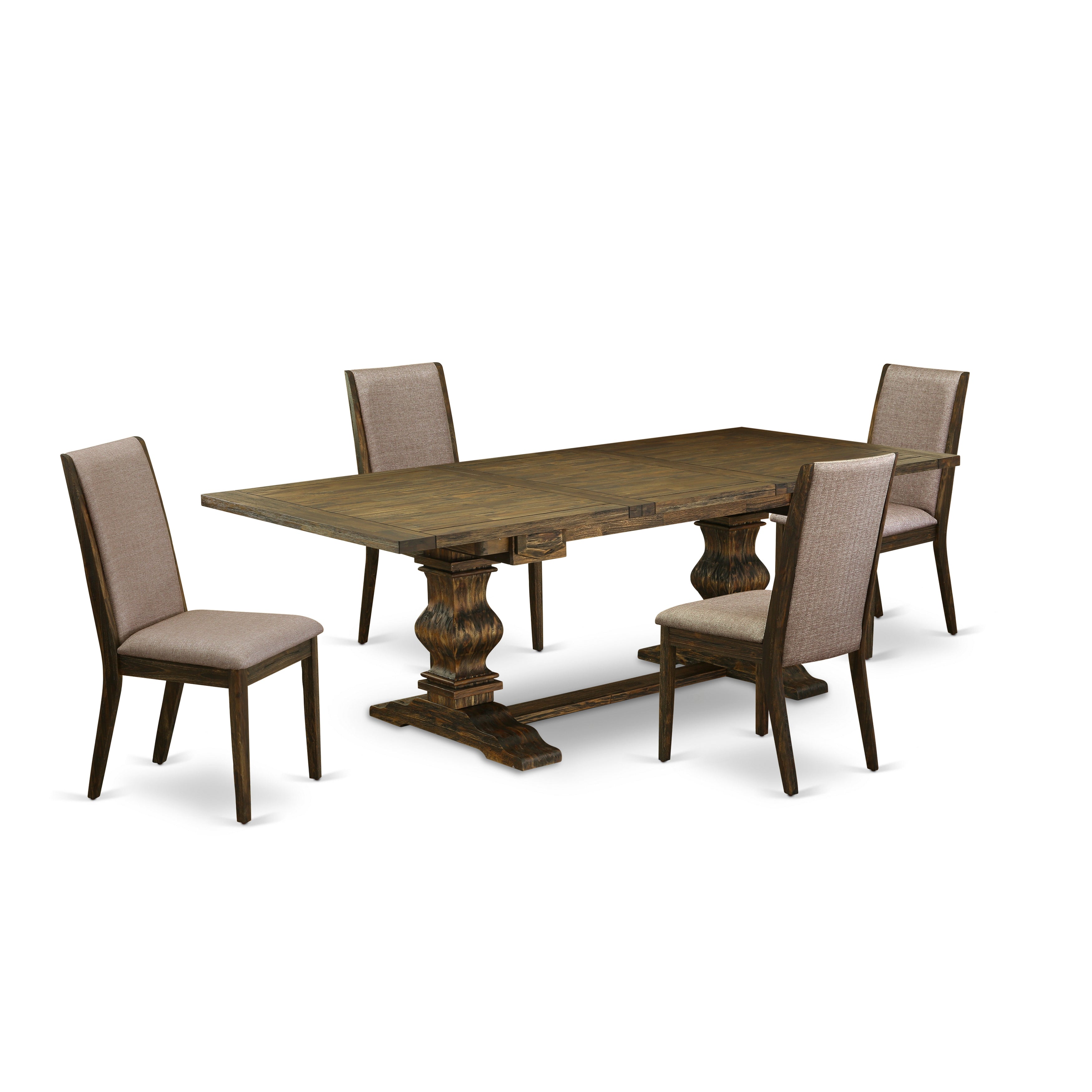 East West Furniture LALA5-77-16 5-piece dining table set with Chair�s Legs and Dark Khaki Linen Fabric dining room chairs Set of Four and rectangular dining table - Distressed Jacobean Finish