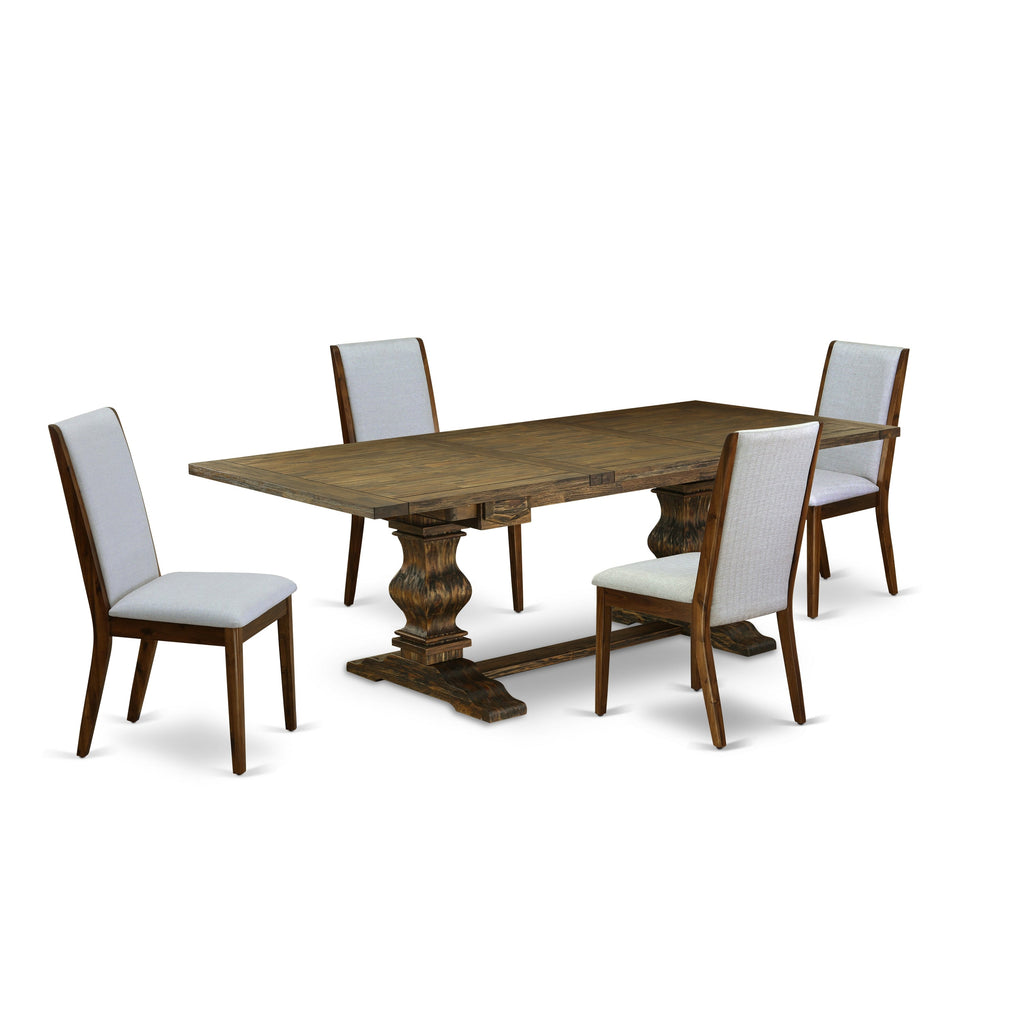 Juego de mesa de comedor de 5 piezas LALA5-78-05 de East West Furniture. Incluye una mesa de cocina rectangular con diseño de hojas de mariposa y 4 sillas de comedor Parsons de tela de lino gris.