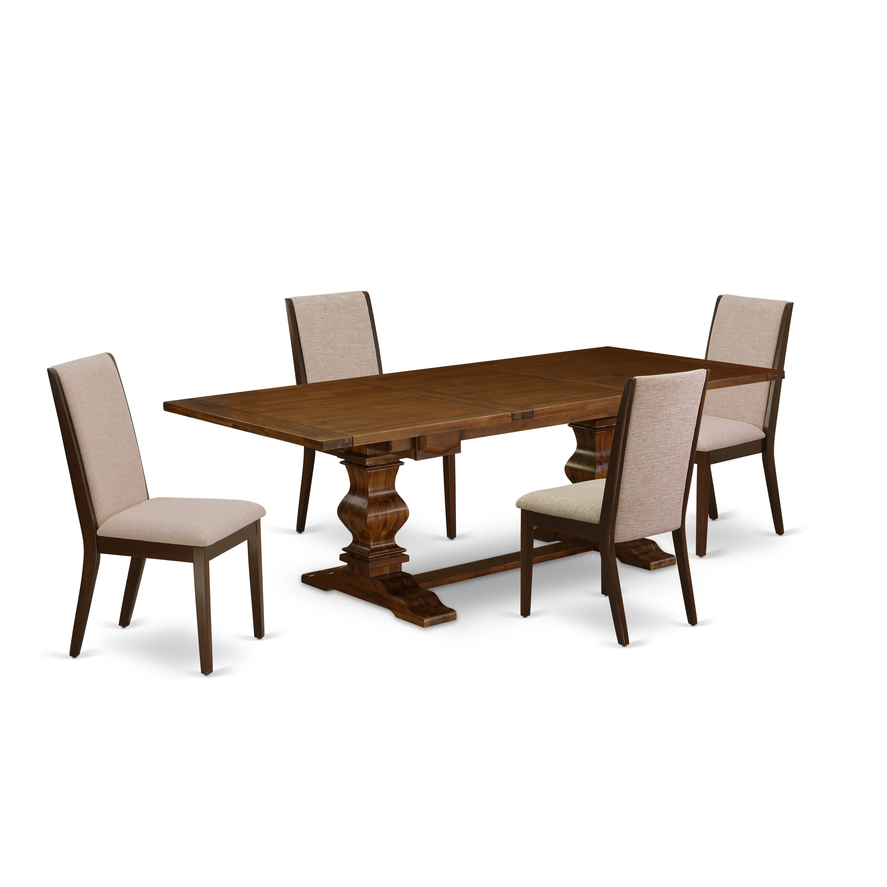 East West Furniture LALA5-83-04 5-pc dining set with Chair�s Legs and Light Tan Linen Fabric dining chairs Set of 4 and superb table - Antique Walnut and Mahogany Finish