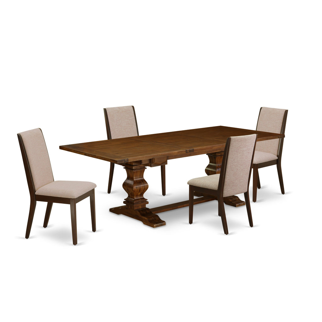 El juego de mesa de comedor de 5 piezas LALA5-83-04 de East West Furniture incluye una mesa de cocina rectangular con hojas de mariposa y 4 sillas tapizadas en tela de lino color tostado claro.