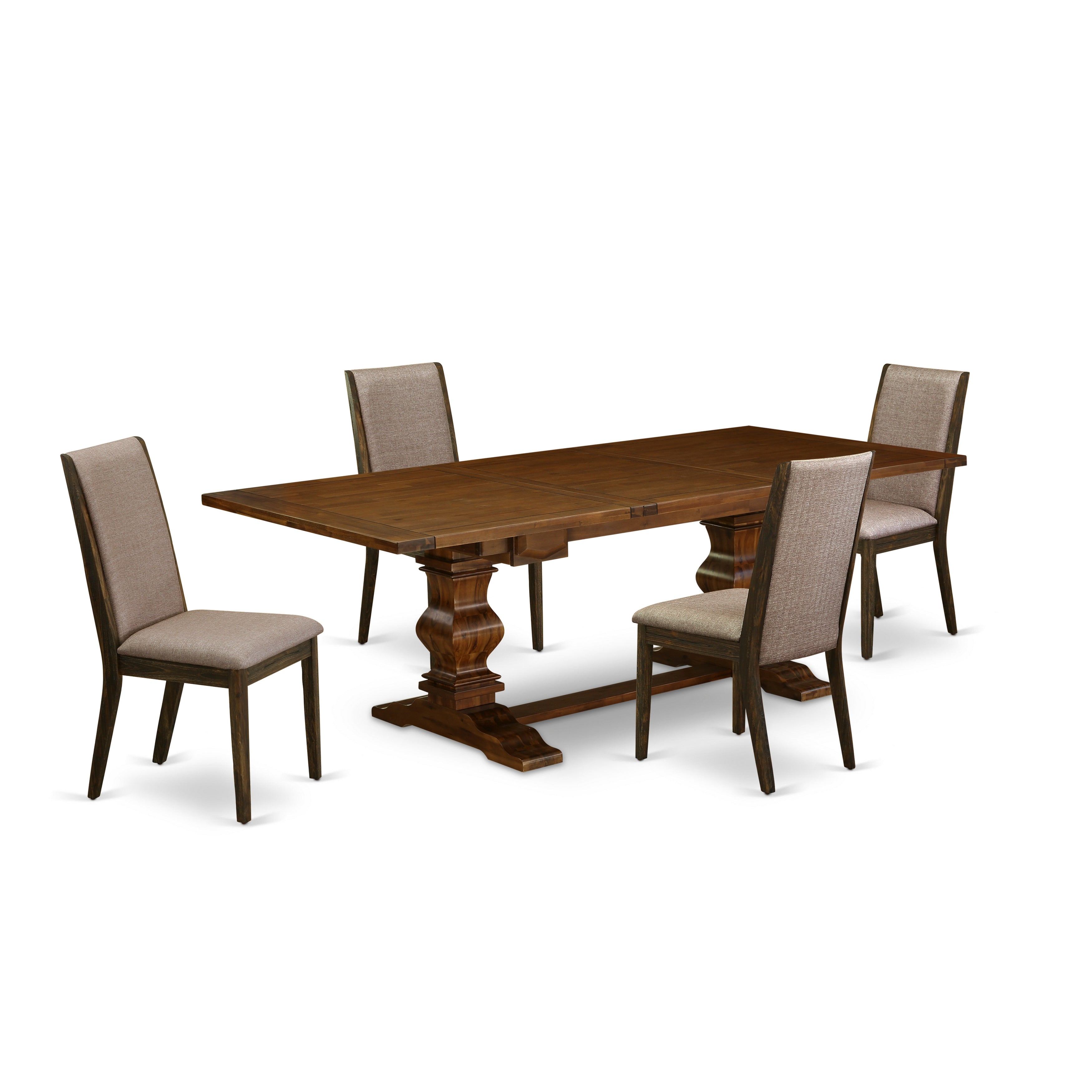 East West Furniture LALA5-87-16 5-pc dining set with Chair�s Legs and Dark Khaki Fabric parson dining chairs Set of 4 and rectangular table - Antique Walnut and Distressed Jacobean Finish