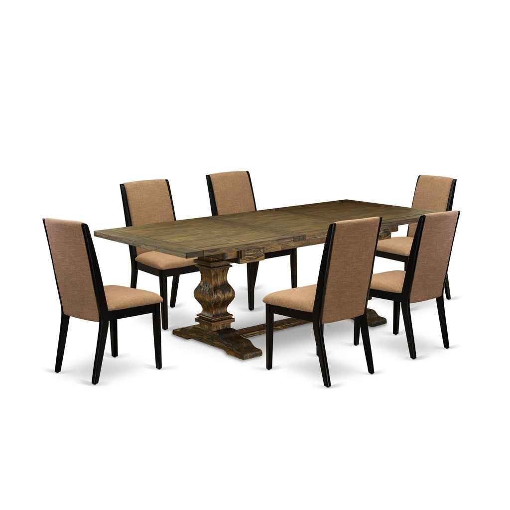 Juego de comedor de 7 piezas East West Furniture LALA7-71-47 compuesto por una mesa de comedor rectangular con diseño de hojas de mariposa y 6 sillas tapizadas en tela de lino color sable claro.
