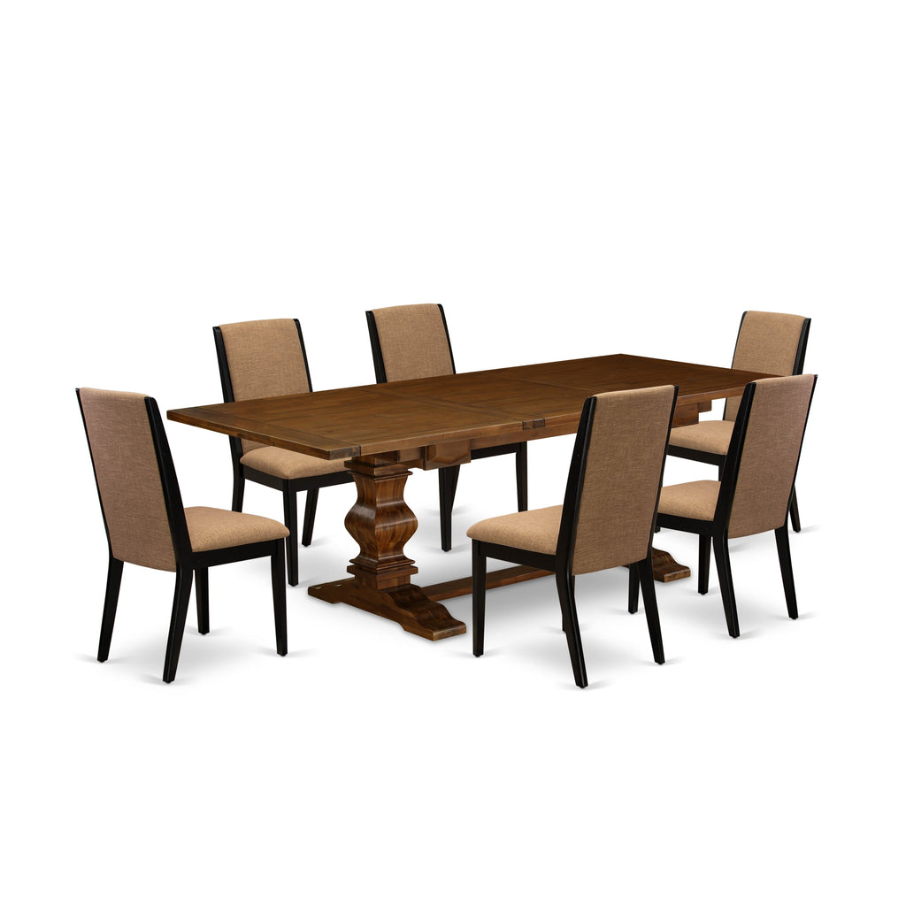 Juego de comedor de 7 piezas LALA7-81-47 de East West Furniture: mesa rectangular con diseño de hojas de mariposa y 6 sillas Parsons de tela de lino color sable claro.