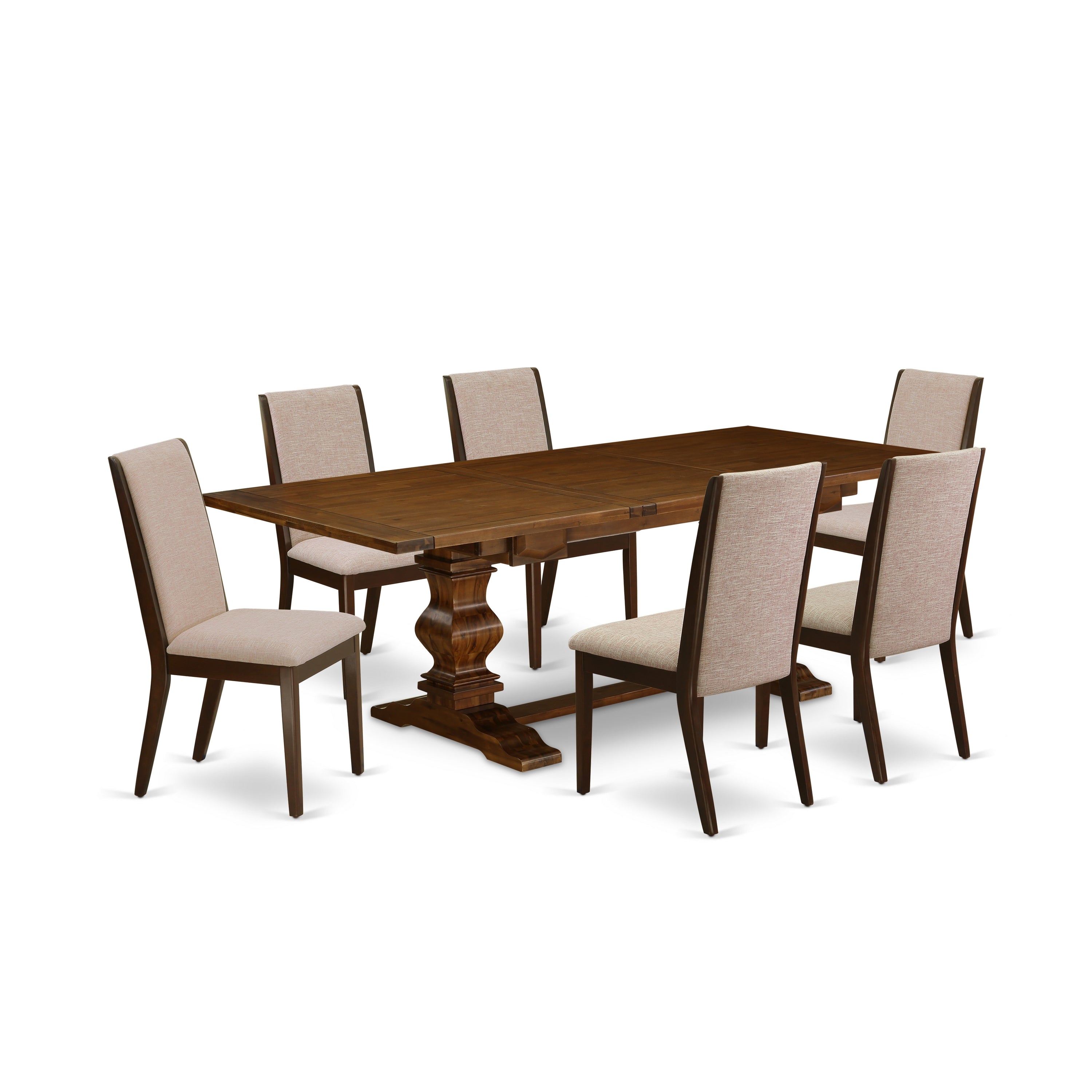Juego de comedor de 7 piezas LALA7-83-04 de East West Furniture: mesa de comedor rectangular con diseño de hojas en forma de mariposa y 6 sillas de comedor Parson de tela de lino color tostado claro.