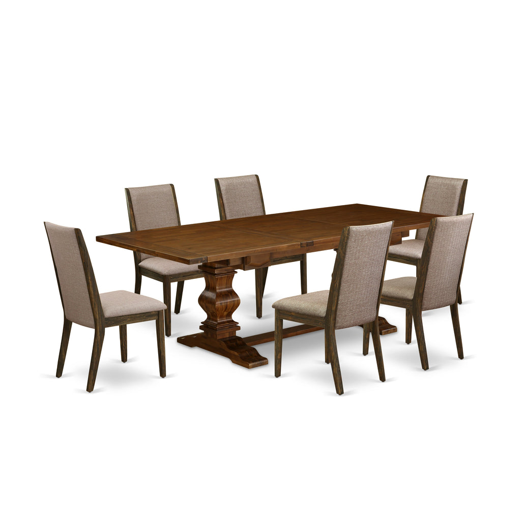 Juego de mesa de comedor de 7 piezas East West Furniture LALA7-87-16 compuesto por una mesa rectangular de madera con hojas de mariposa y 6 sillas tapizadas en tela de lino color caqui oscuro.