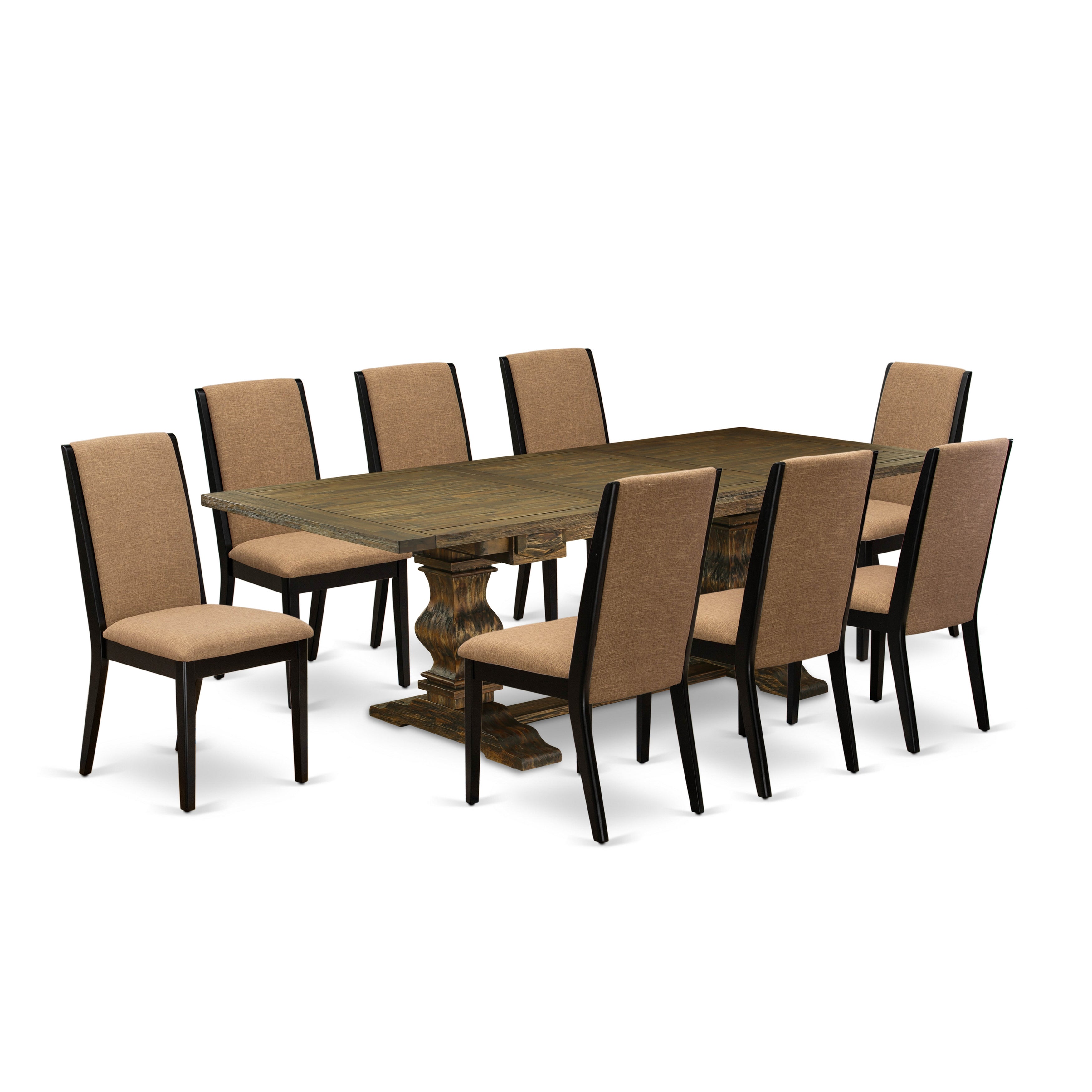East West Furniture LALA9-71-47 9-pc dining room table set with Chair�s Legs and Light Sable Linen Fabric living room chairs set of eight and wood dining room table - Black and Distressed Jacobean Finish