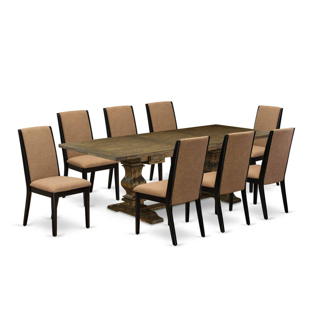 Juego de comedor East West Furniture LALA9-71-47 de 9 piezas. Incluye una mesa rectangular de madera con diseño de hojas de mariposa y 8 sillas de comedor Parson de tela de lino color sable claro.