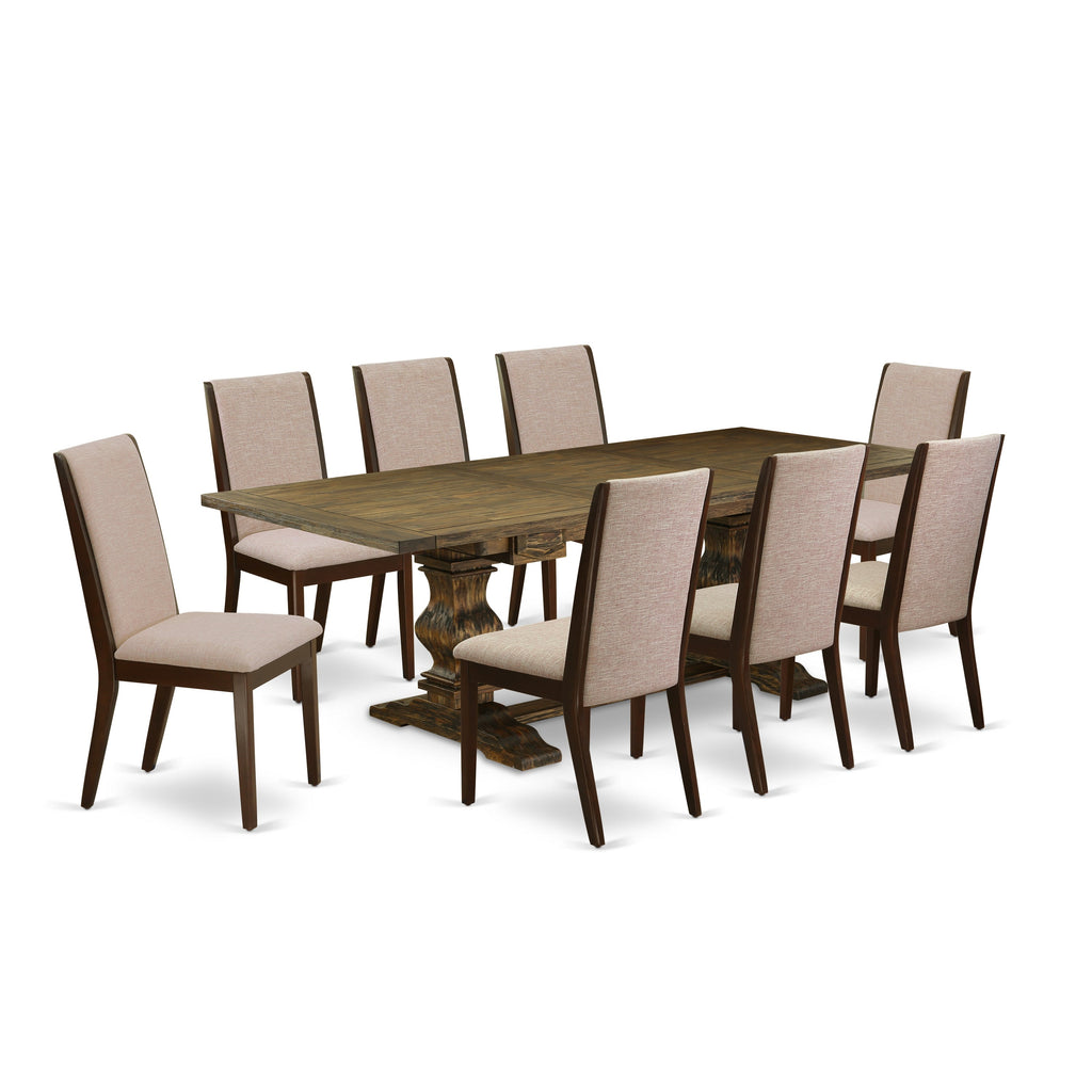 Juego de mesa y sillas de cocina de 9 piezas LALA9-73-04 de East West Furniture. Incluye una mesa de comedor rectangular con hojas de mariposa y 8 sillas Parson de tela de lino color tostado claro.