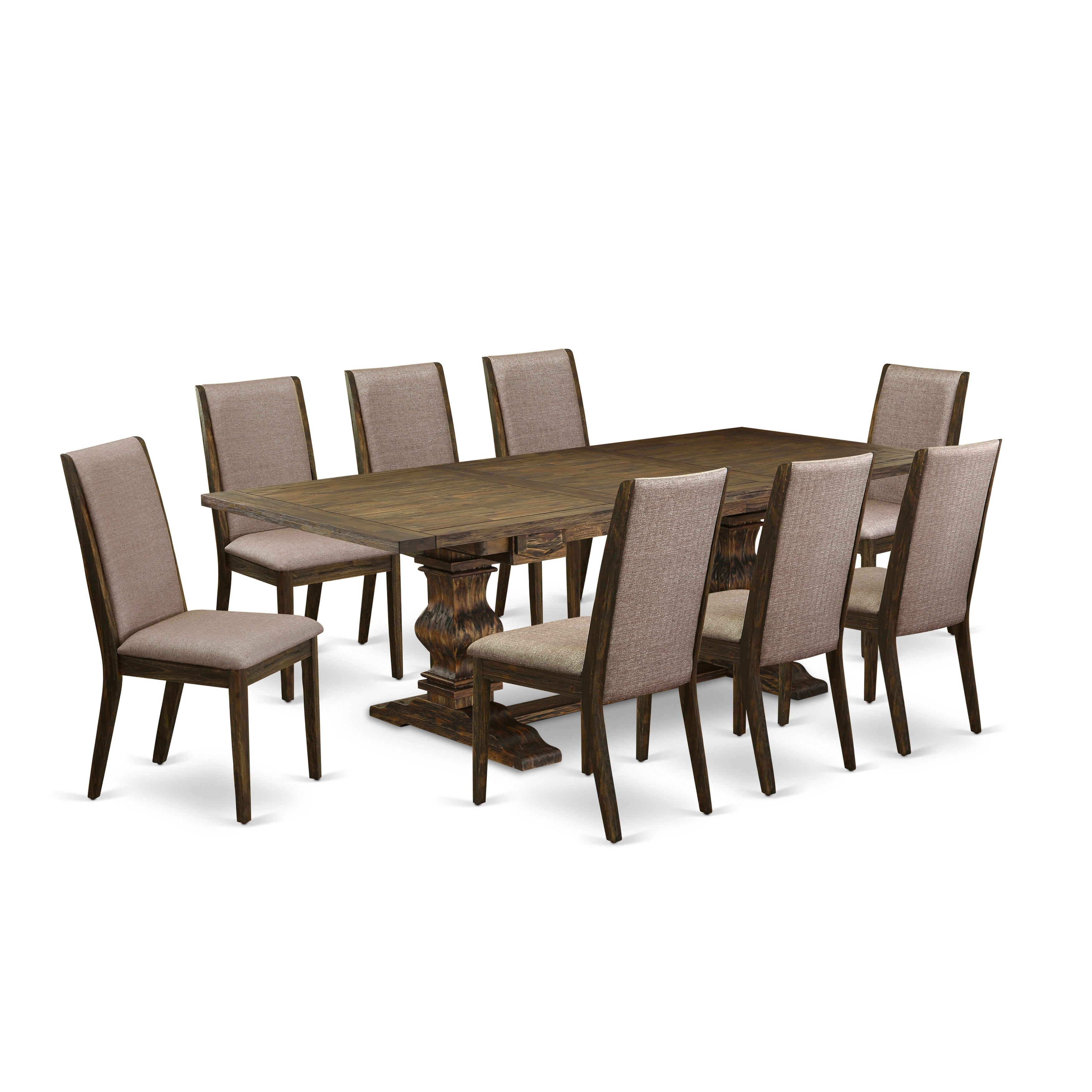 East West Furniture LALA9-77-16 9-piece modern dining table set with Chair�s and Dark Khaki Linen Fabric dining chairs set of eight and attractive dining table - Distressed Jacobean Finish