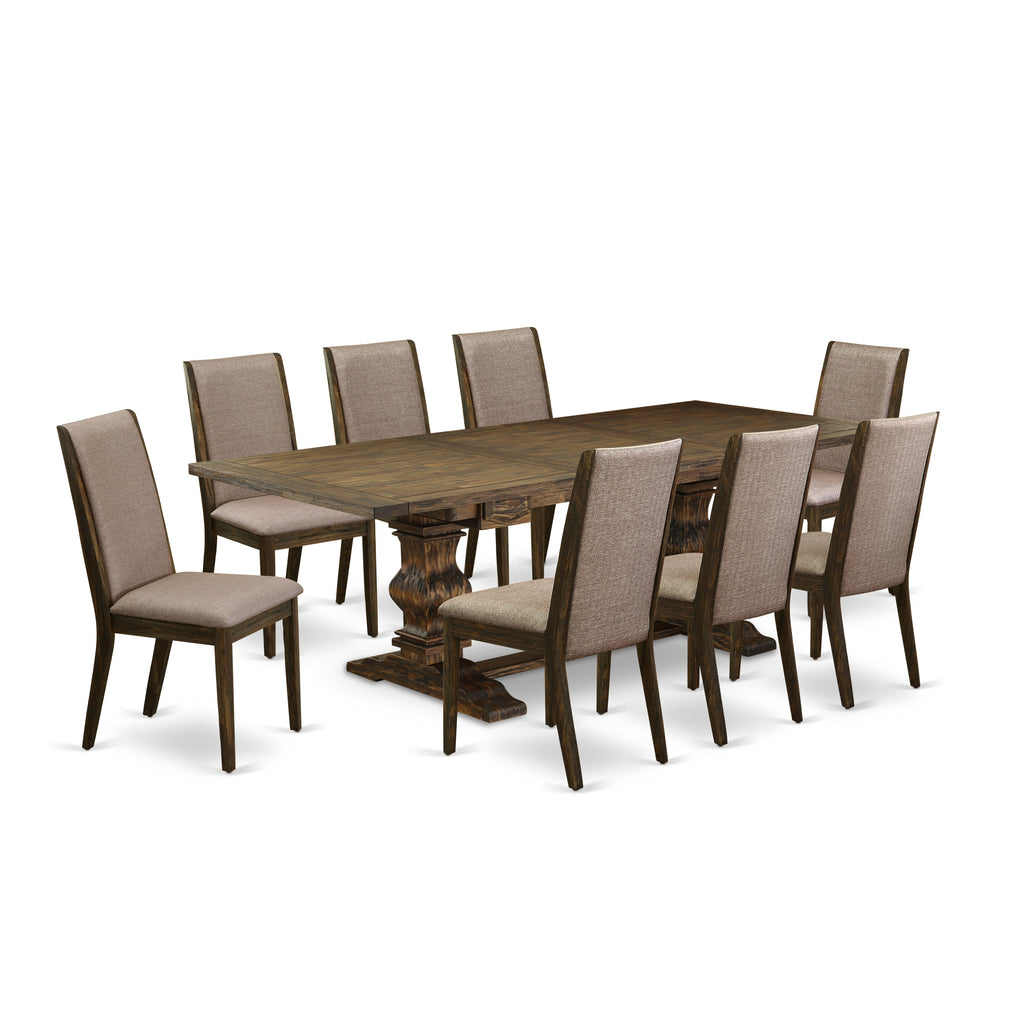 East West Furniture LALA9-77-16 9 Piece Dining Table Set Includes a Rectangle Wooden Table with Butterfly Leaf and 8 Dark Khaki Linen Fabric Upholstered Chairs