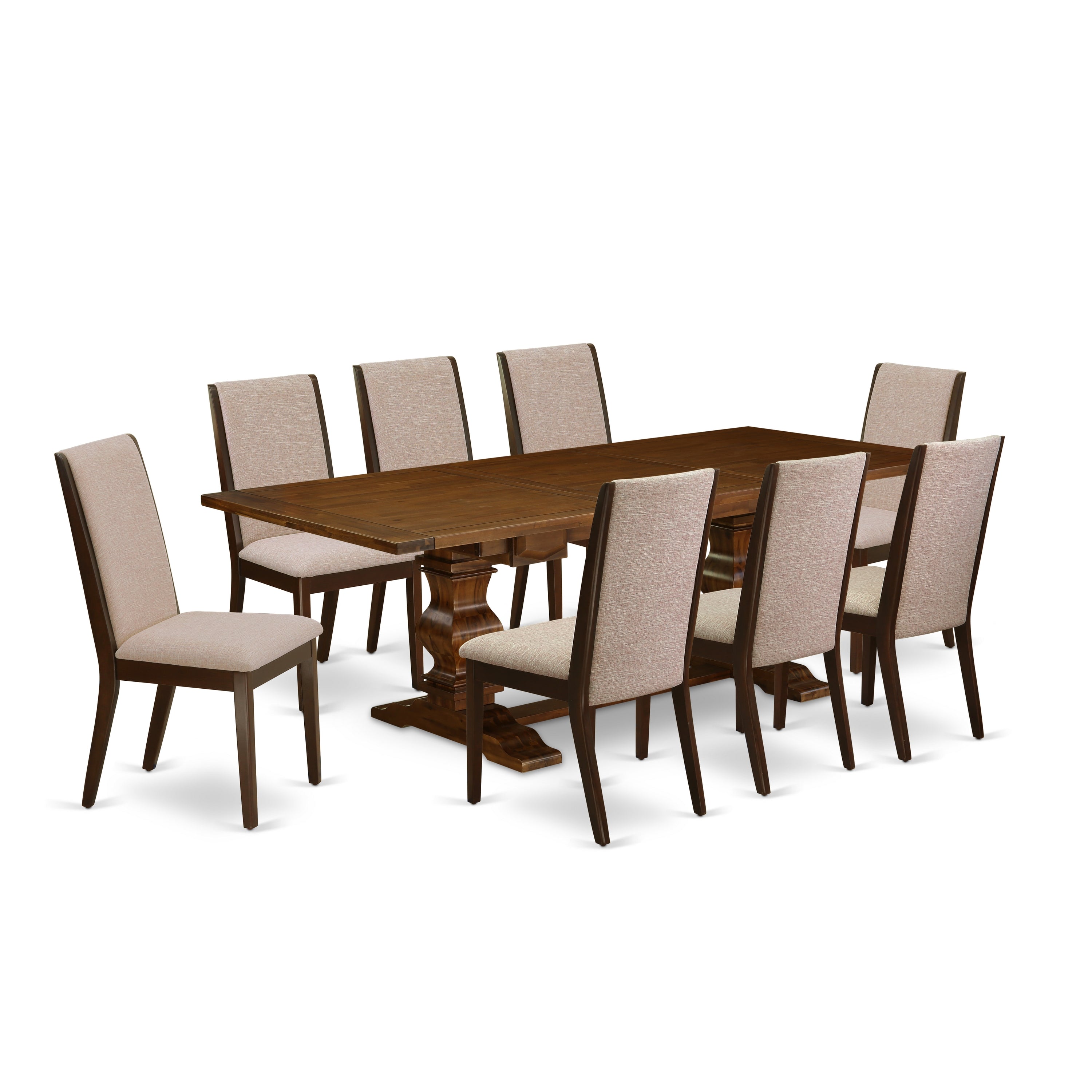 Juego de mesa de cocina de 9 piezas East West Furniture LALA9-83-04 Incluye una mesa de comedor rectangular con hojas de mariposa y 8 sillas de comedor Parsons de tela de lino color tostado claro
