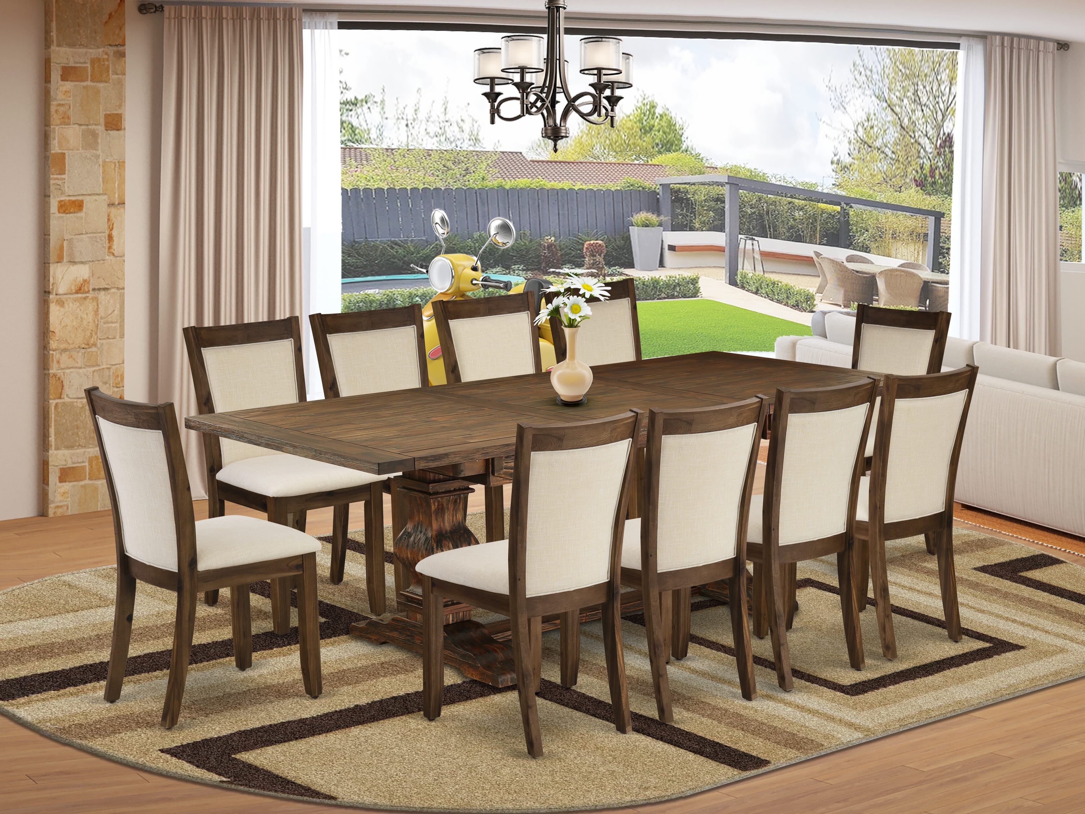 East West Furniture LAMZ11-N7-32 11-Pcs Dinner Table Set - 1 Rectangular Dining Table with Double Pedestal and 10 Light Beige Linen Fabric Dining Chairs with Stylish Back - Distressed Jacobean Finish