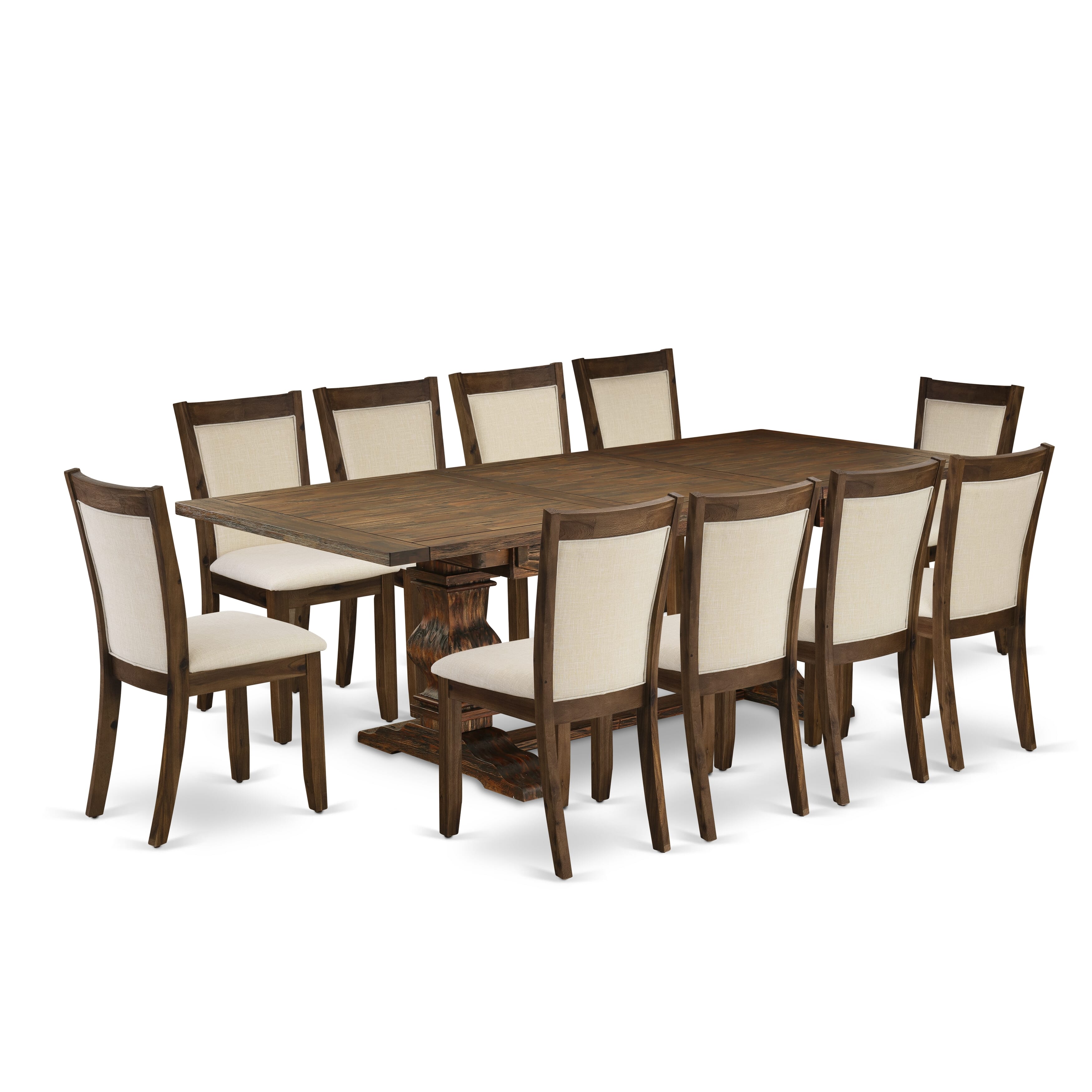 East West Furniture LAMZ11-N7-32 11-Pcs Dinner Table Set - 1 Rectangular Dining Table with Double Pedestal and 10 Light Beige Linen Fabric Dining Chairs with Stylish Back - Distressed Jacobean Finish