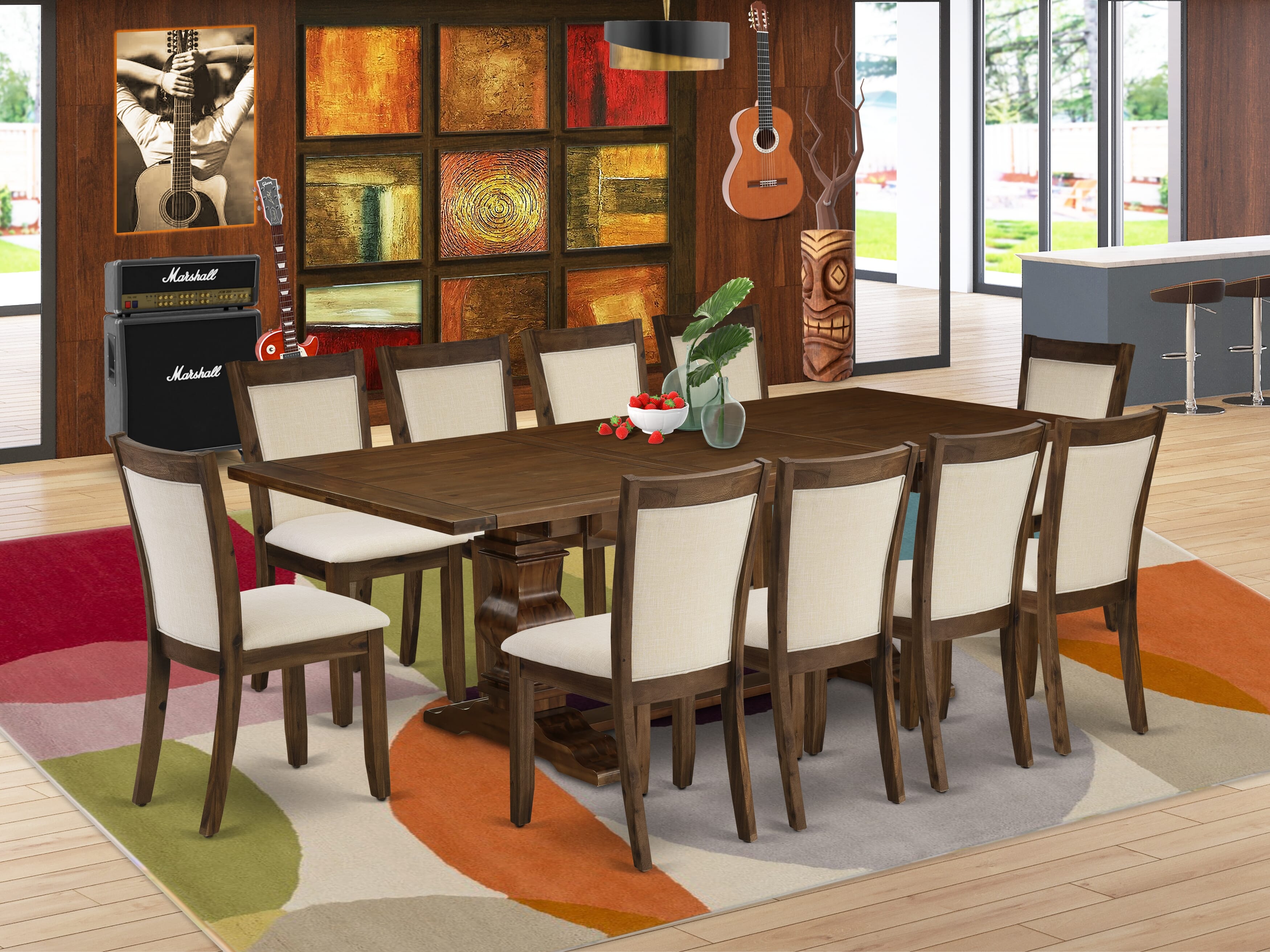 El juego de mesa de cocina de 11 piezas East West Furniture LAMZ11-N8-32 incluye una mesa de comedor rectangular con hojas de mariposa y 10 sillas tapizadas en tela de lino beige claro.