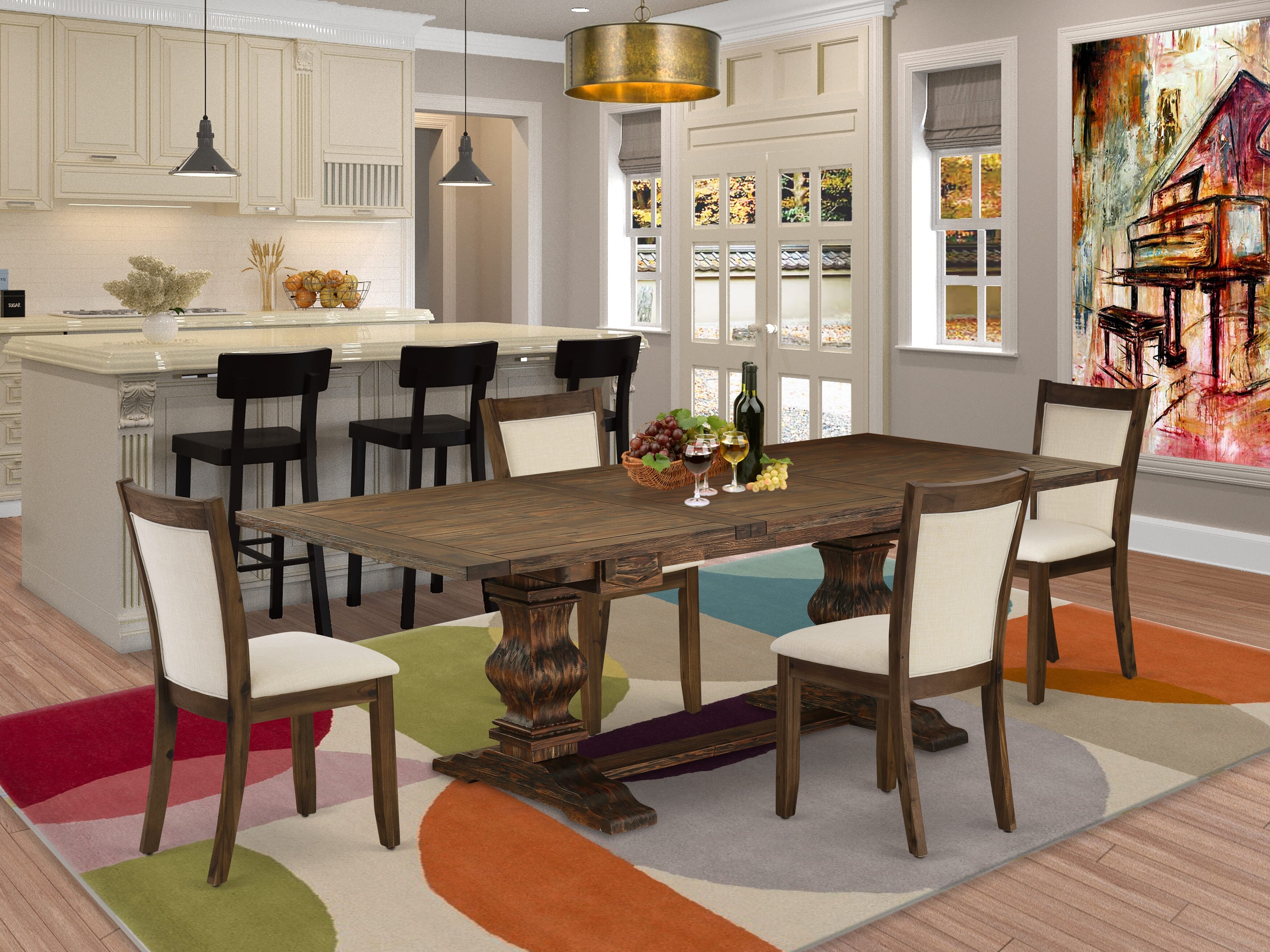 East West Furniture LAMZ5-N7-32 5-Pcs Dining Table Set - 1 Wood Dining Table with Double Pedestal and 4 Light Beige Linen Fabric Modern Chairs with Stylish High Back - Distressed Jacobean Finish
