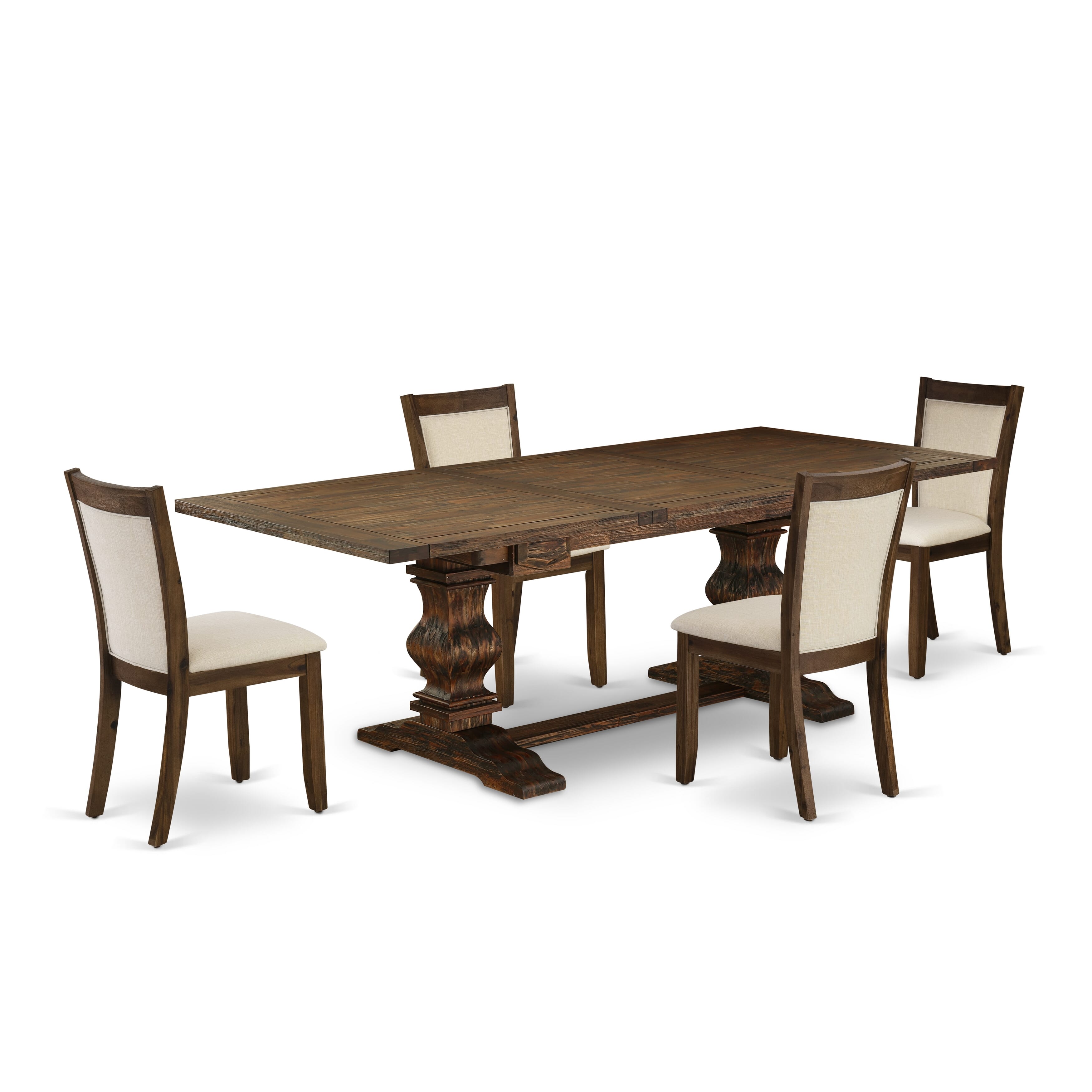 East West Furniture LAMZ5-N7-32 5-Pcs Dining Table Set - 1 Wood Dining Table with Double Pedestal and 4 Light Beige Linen Fabric Modern Chairs with Stylish High Back - Distressed Jacobean Finish