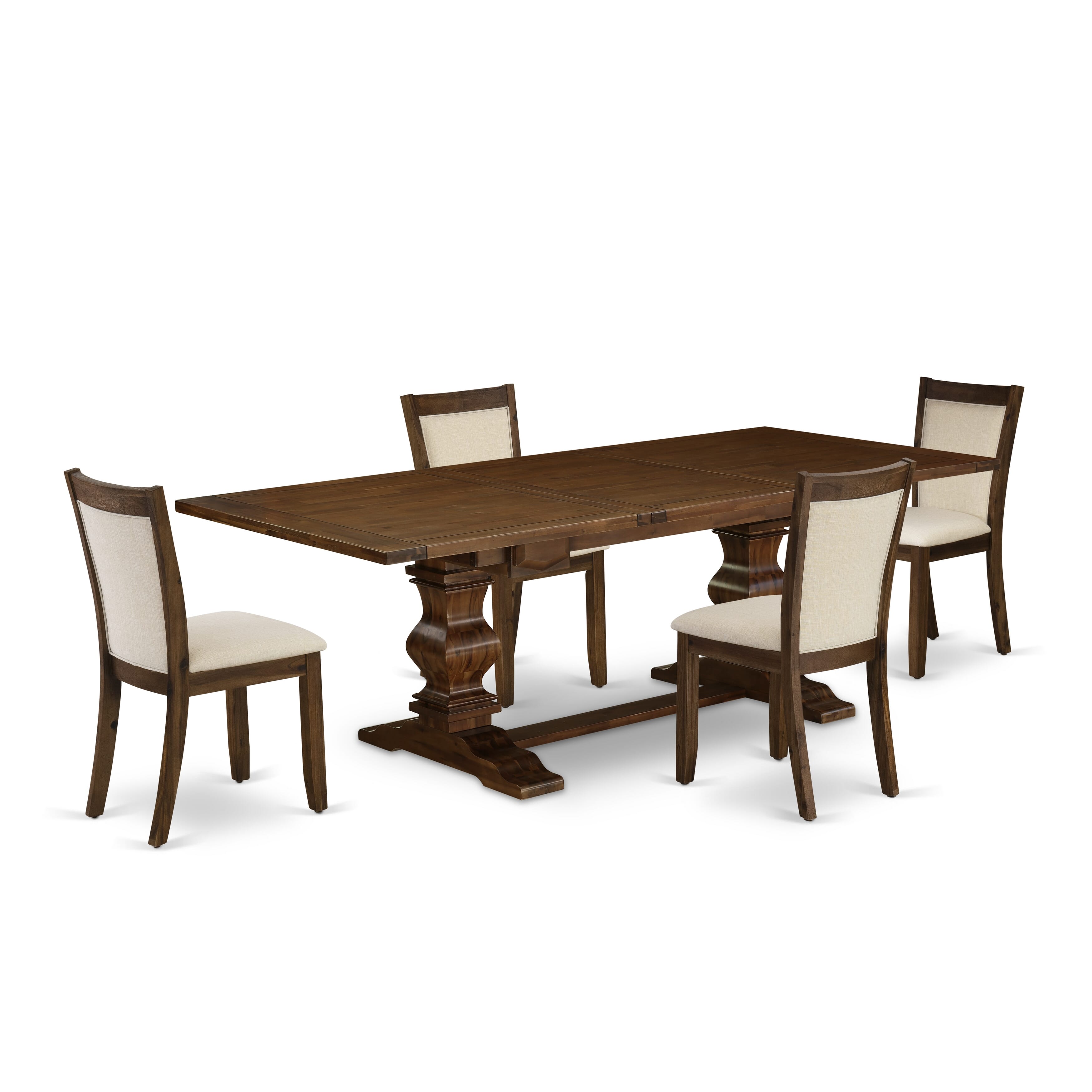 El juego de mesa de comedor de 5 piezas East West Furniture LAMZ5-N8-32 incluye una mesa de cocina rectangular con diseño de hojas de mariposa y 4 sillas tapizadas en tela de lino beige claro.