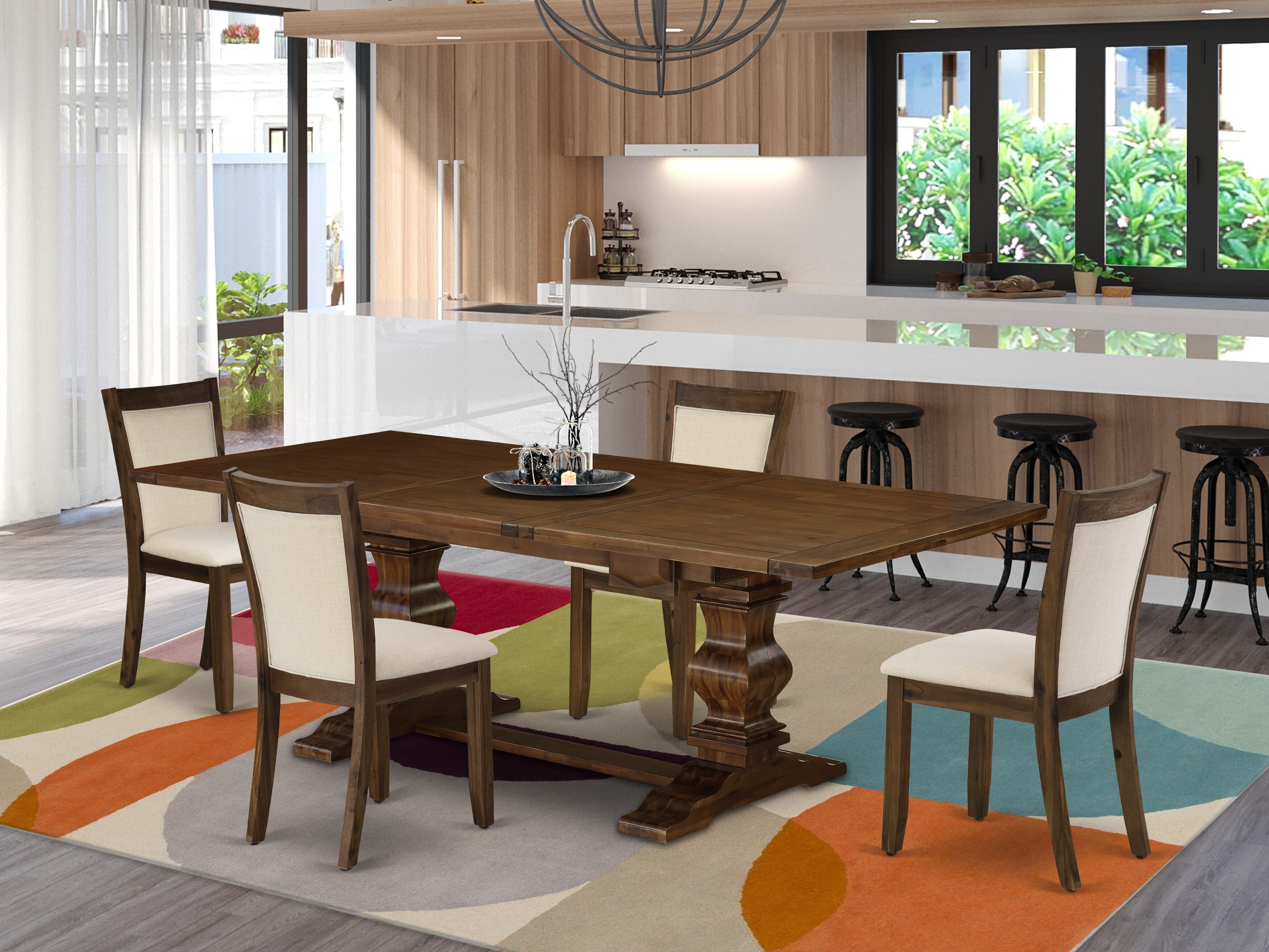 El juego de mesa de comedor de 5 piezas East West Furniture LAMZ5-N8-32 incluye una mesa de cocina rectangular con diseño de hojas de mariposa y 4 sillas tapizadas en tela de lino beige claro.