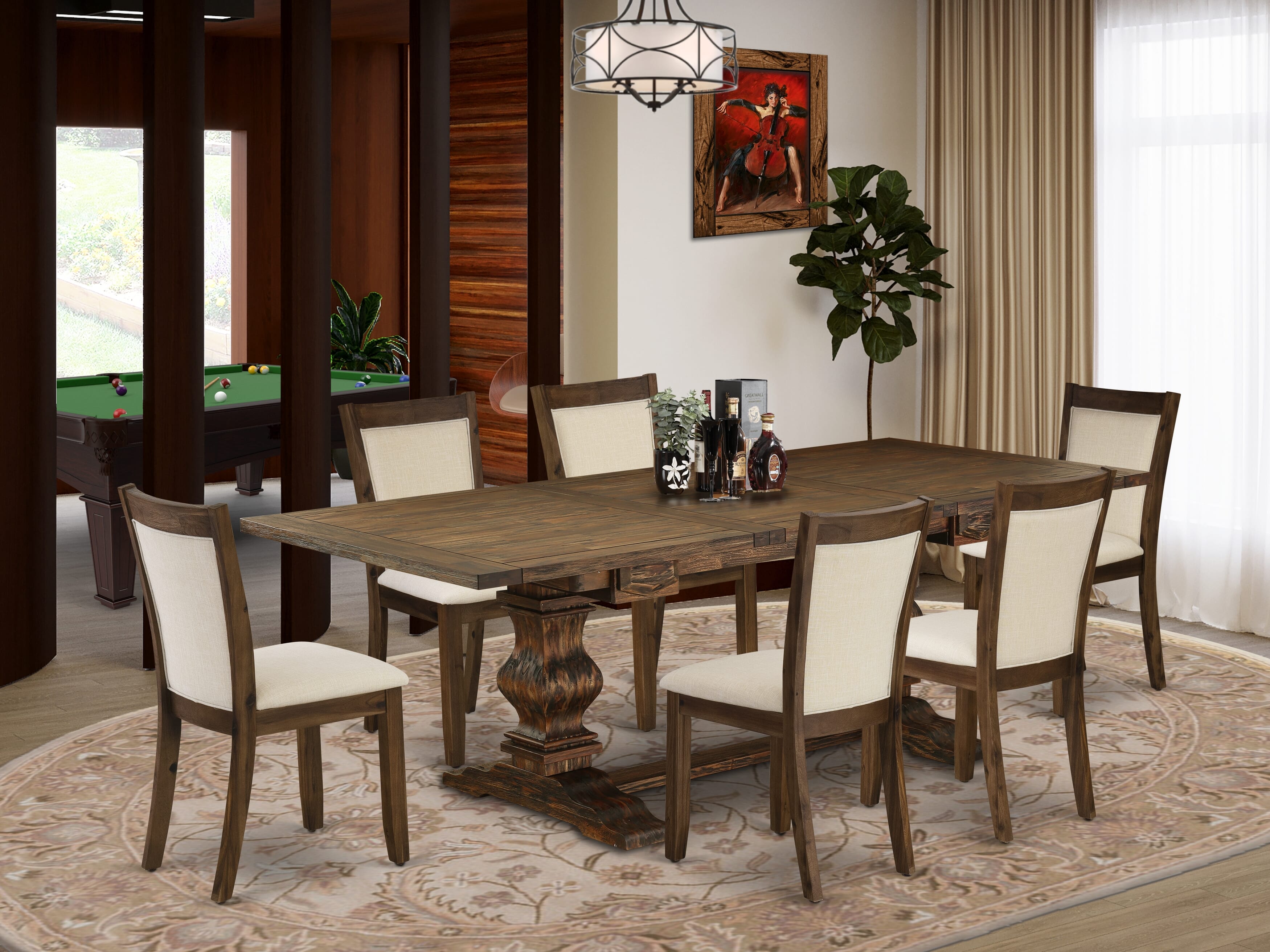 Juego de comedor de 7 piezas East West Furniture LAMZ7-N7-32 compuesto por una mesa rectangular con diseño de hojas de mariposa y 6 sillas tapizadas en tela de lino beige claro.