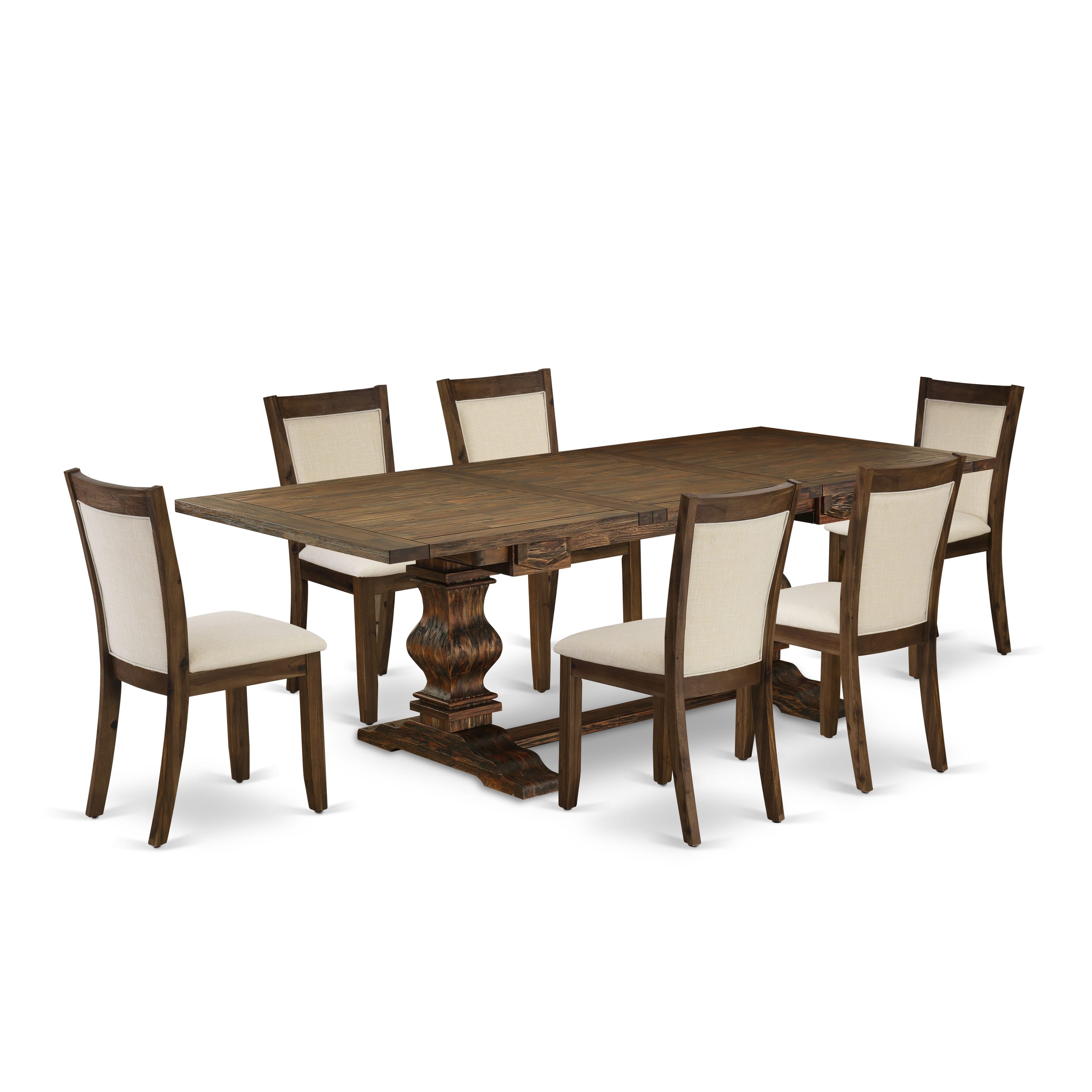 Juego de comedor de 7 piezas East West Furniture LAMZ7-N7-32 compuesto por una mesa rectangular con diseño de hojas de mariposa y 6 sillas tapizadas en tela de lino beige claro.