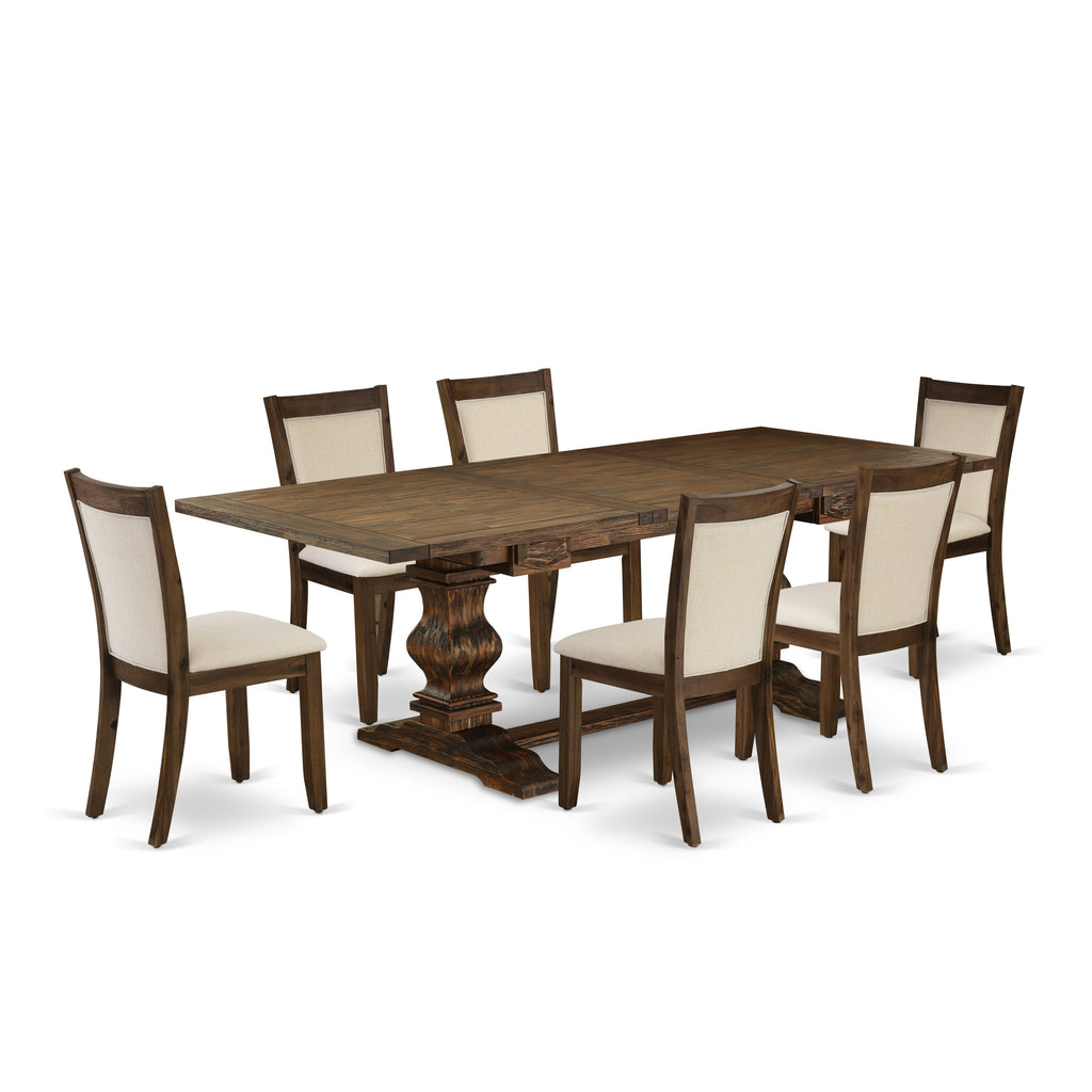 East West Furniture LAMZ7-N7-32 7-Pcs Kitchen Table Set - 1 Kitchen Table with Double Pedestal and 6 Light Beige Linen Fabric Dining Chairs with Stylish High Back - Distressed Jacobean Finish