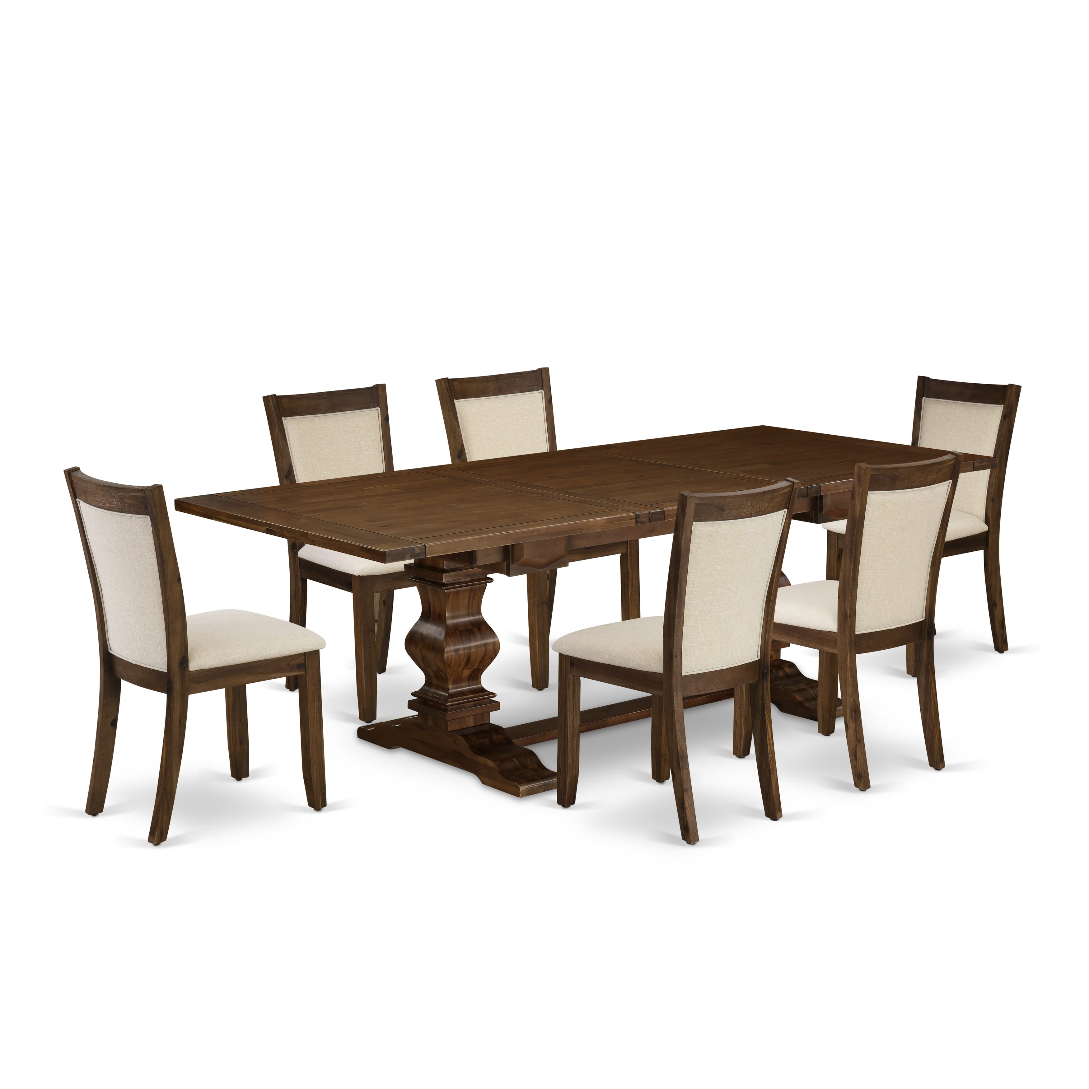 East West Furniture LAMZ7-N8-32 7-Pieces Table Set - 1 Rectangular Dining Table with Double Pedestal and 6 Light Beige Linen Fabric Wood Dining Chairs with Stylish High Back - Antique Walnut Finish