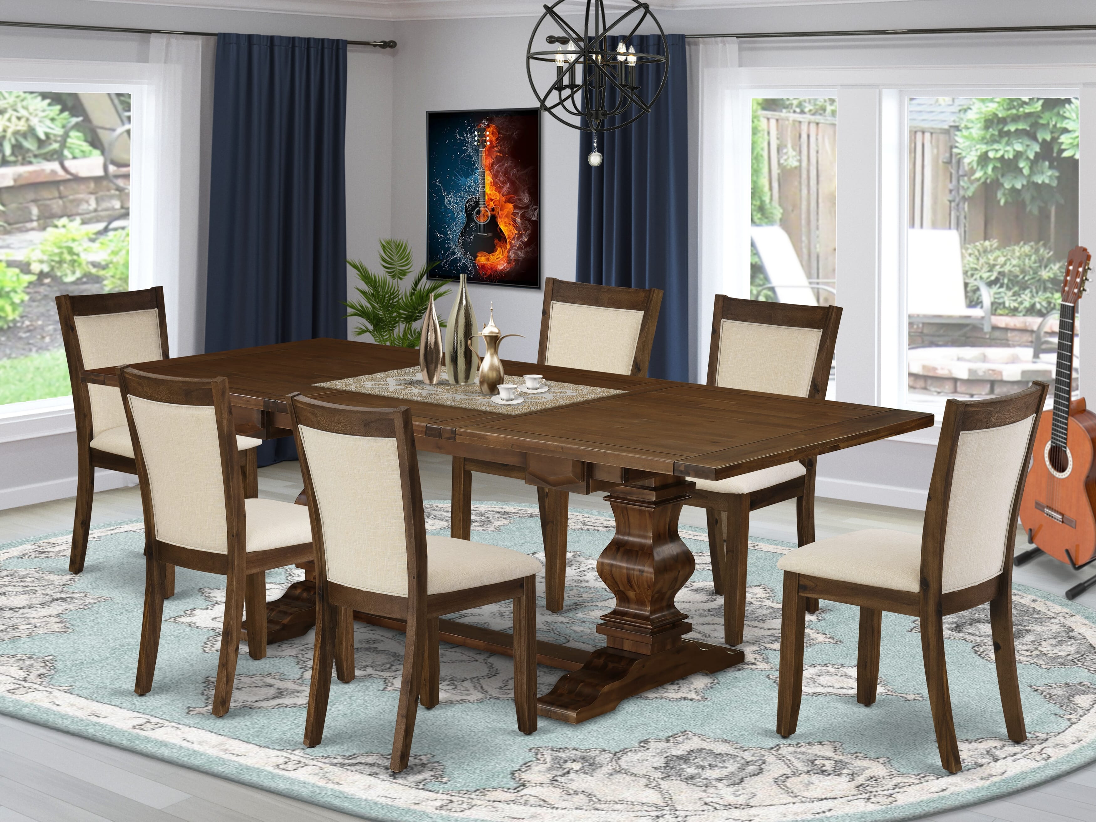 East West Furniture LAMZ7-N8-32 7-Pieces Table Set - 1 Rectangular Dining Table with Double Pedestal and 6 Light Beige Linen Fabric Wood Dining Chairs with Stylish High Back - Antique Walnut Finish
