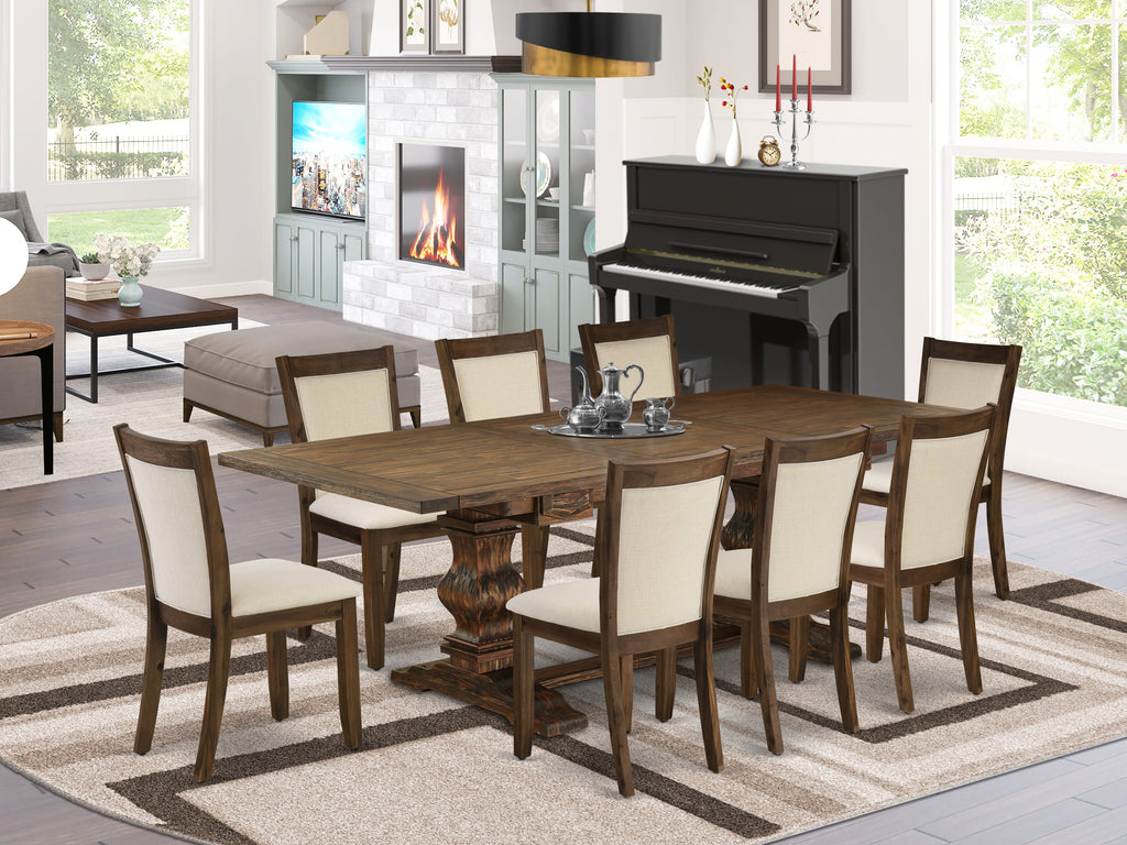 East West Furniture LAMZ9-N7-32 9-Pcs Kitchen Table Set - 1 Rectangular Wood Table with Double Pedestal and 8 Light Beige Linen Fabric Kitchen Chairs with Stylish Back (Distressed Jacobean Finish)