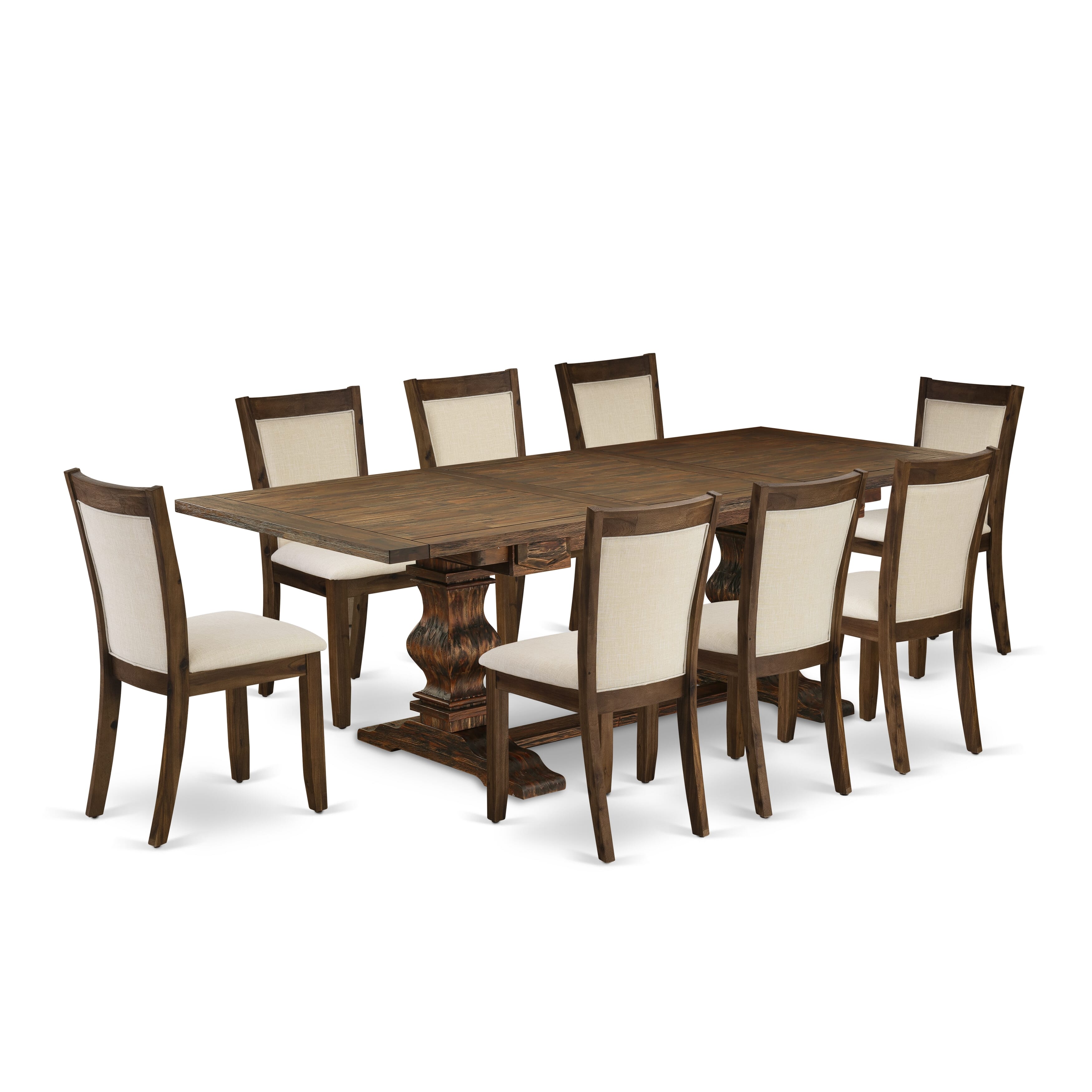 East West Furniture LAMZ9-N7-32 9-Pcs Kitchen Table Set - 1 Rectangular Wood Table with Double Pedestal and 8 Light Beige Linen Fabric Kitchen Chairs with Stylish Back (Distressed Jacobean Finish)