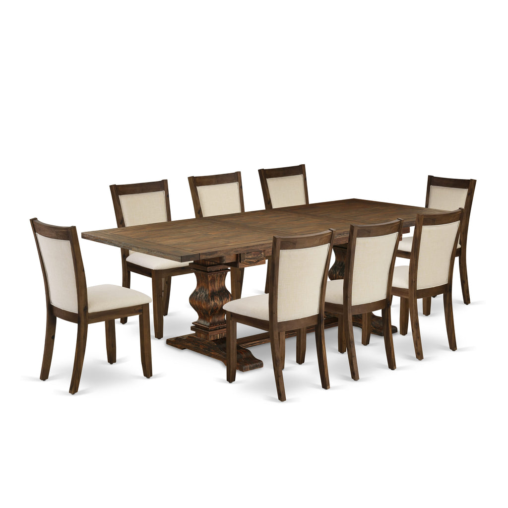 East West Furniture LAMZ9-N7-32 9-Pcs Kitchen Table Set - 1 Rectangular Wood Table with Double Pedestal and 8 Light Beige Linen Fabric Kitchen Chairs with Stylish Back (Distressed Jacobean Finish)